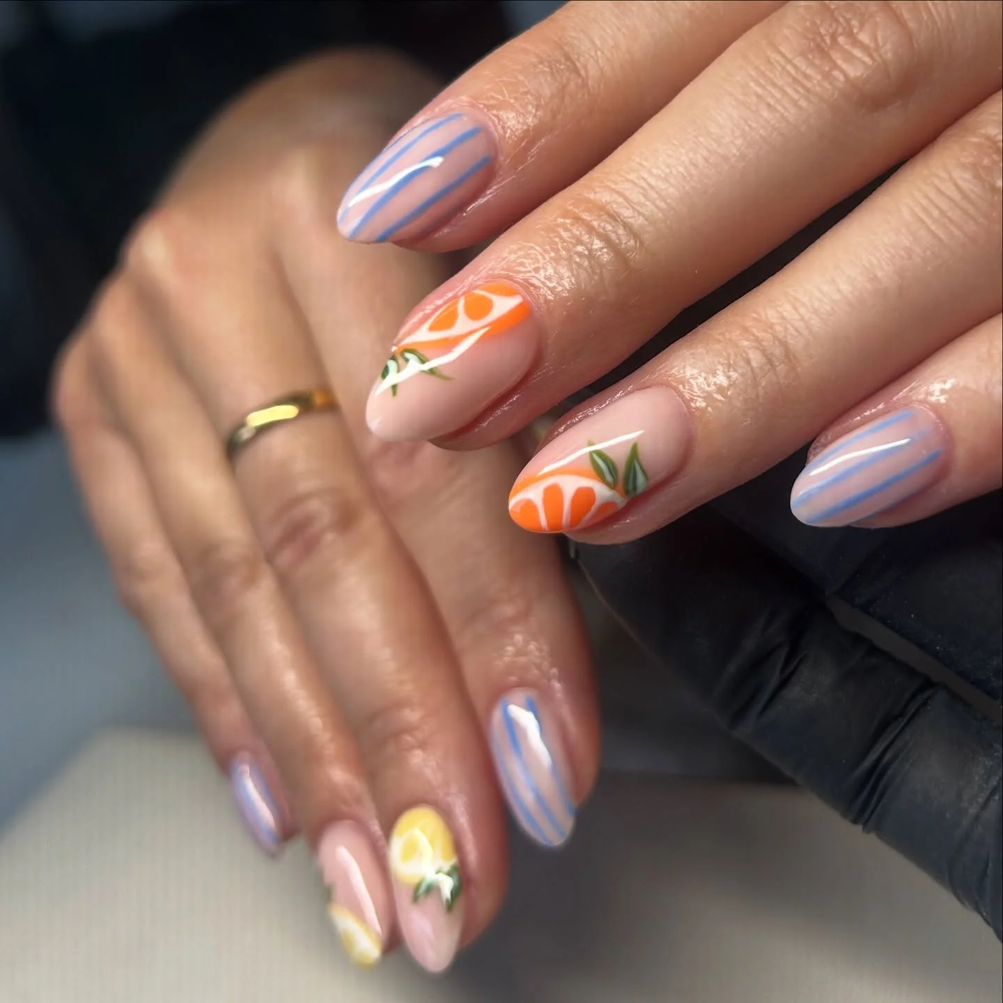light summer nails 2026 Citrus Slice Nails With Soft Blue Stripes