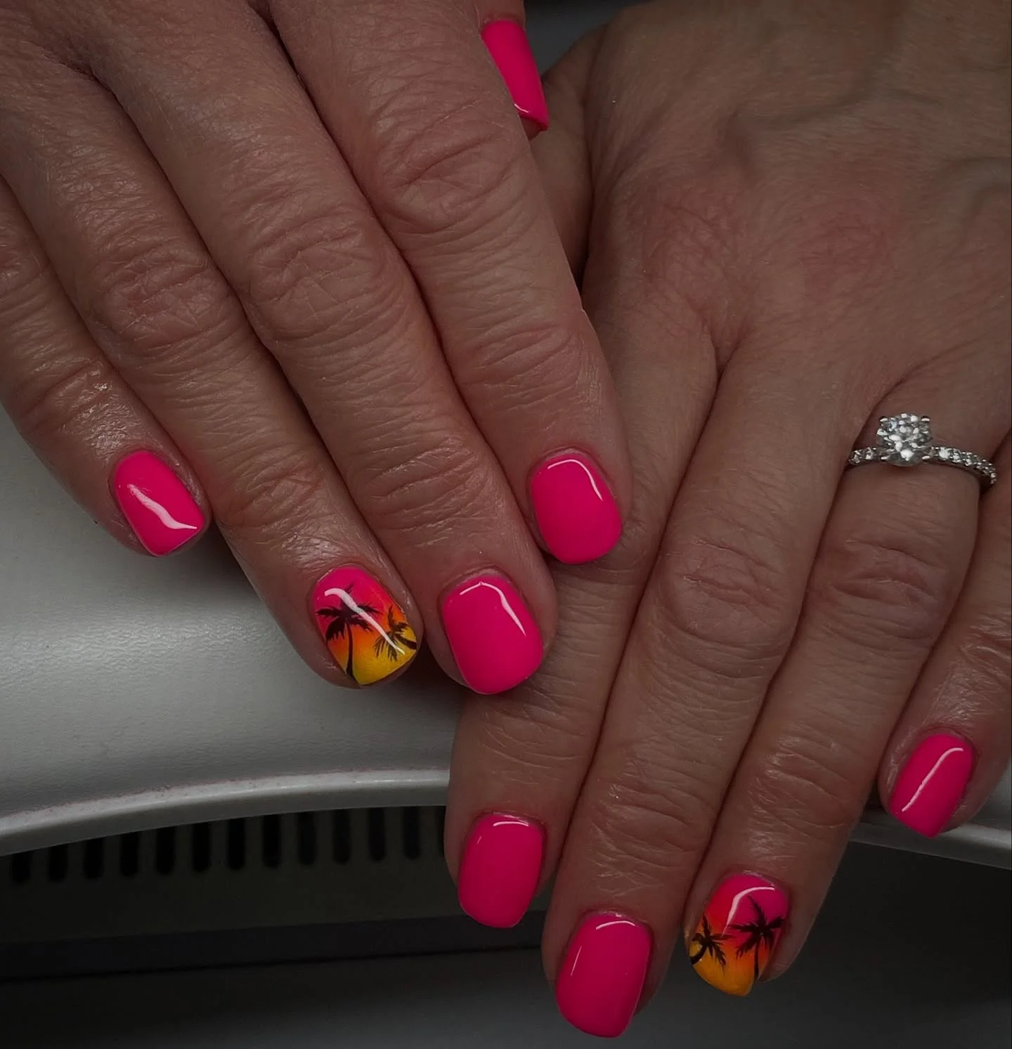 neon summer nails 2026 Sunset Palm Tree Nails For Tropical Vacation Mood