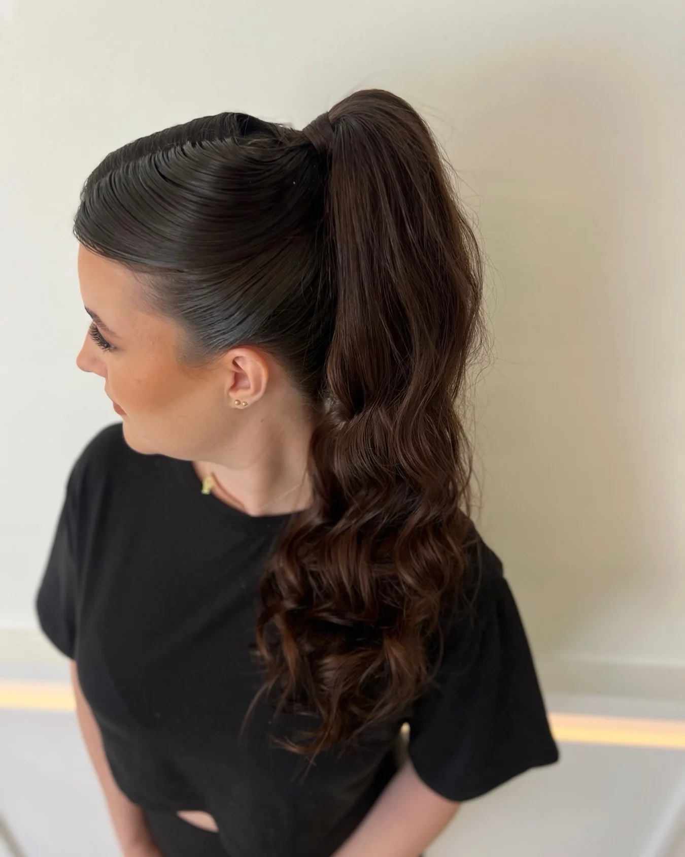 polished summer ponytail hairstyle 2026 Classic Brunette High Ponytail With Glossy Defined Waves