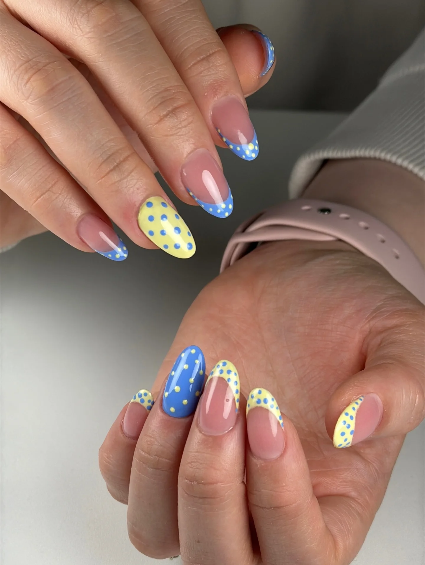 polka dot summer nails 2026 Pastel Blue And Lemon French Tips With Dot Details