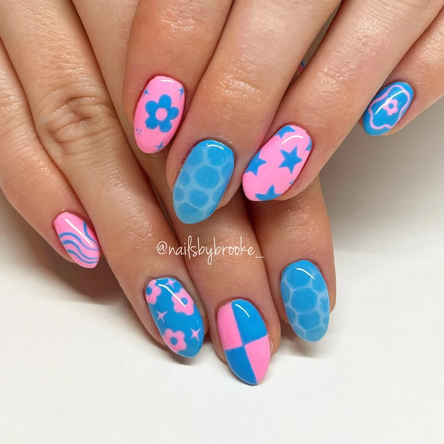 short gel nails summer 2026 Playful Blue And Pink Pop Art Nails