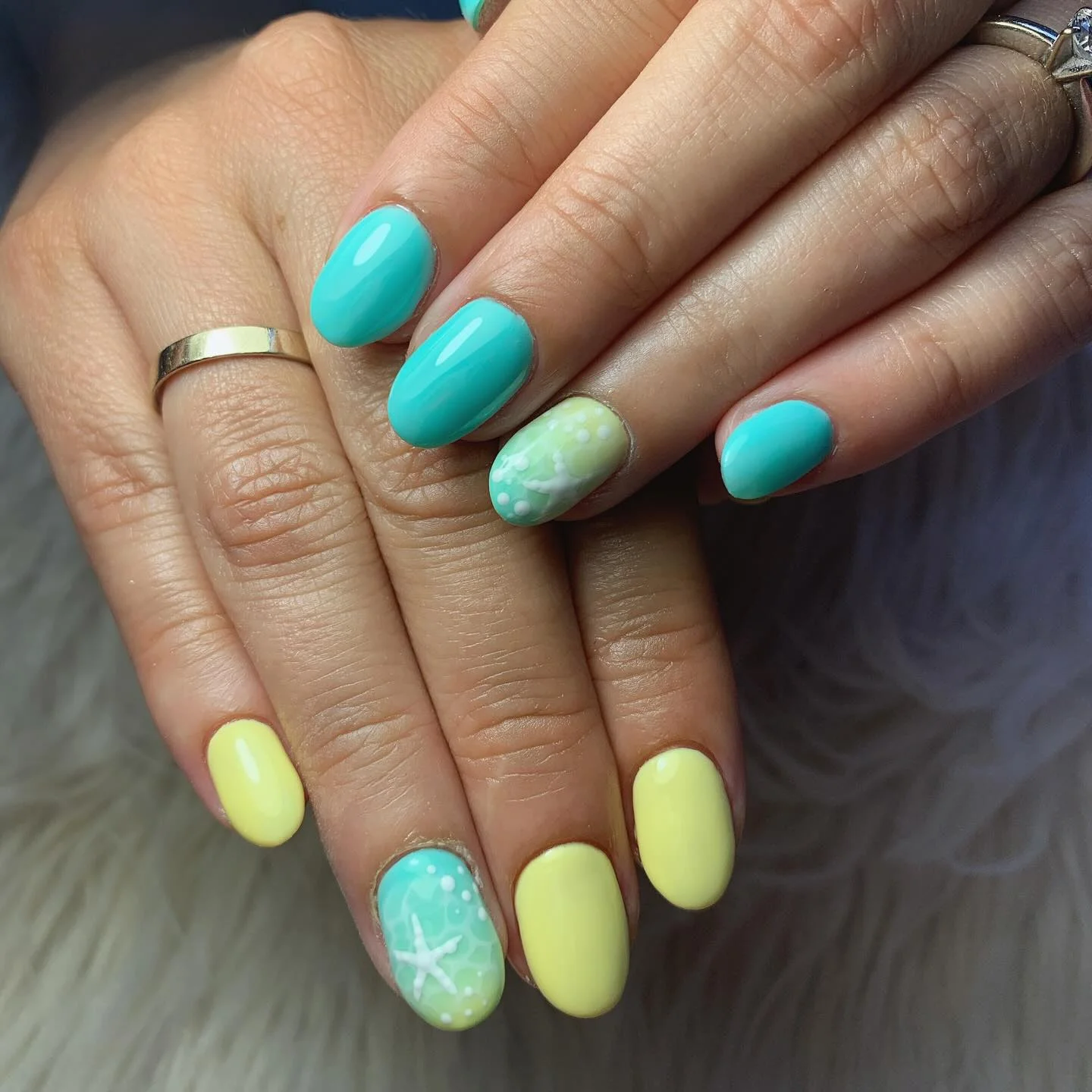 summer beach nails 2026 Mint And Lemon Starfish Nails With Soft Vacation Colors