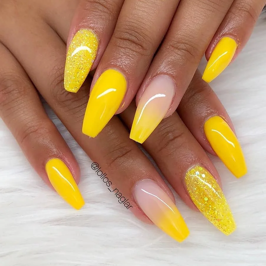 summer glitter nails 2026 Sunshine Yellow Ombre With Sparkling Summer Energy