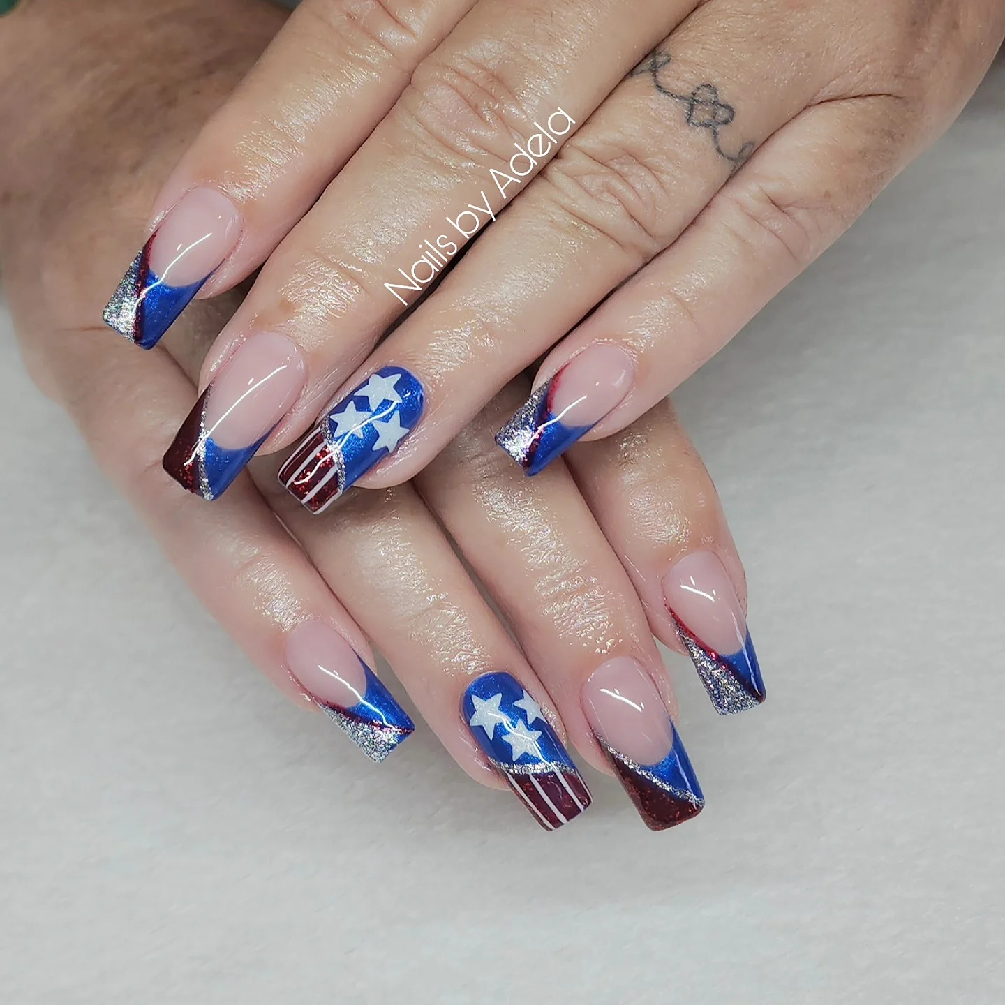 4th of july nails 2026 Glitter French Tip Square Nails With Patriotic Stars