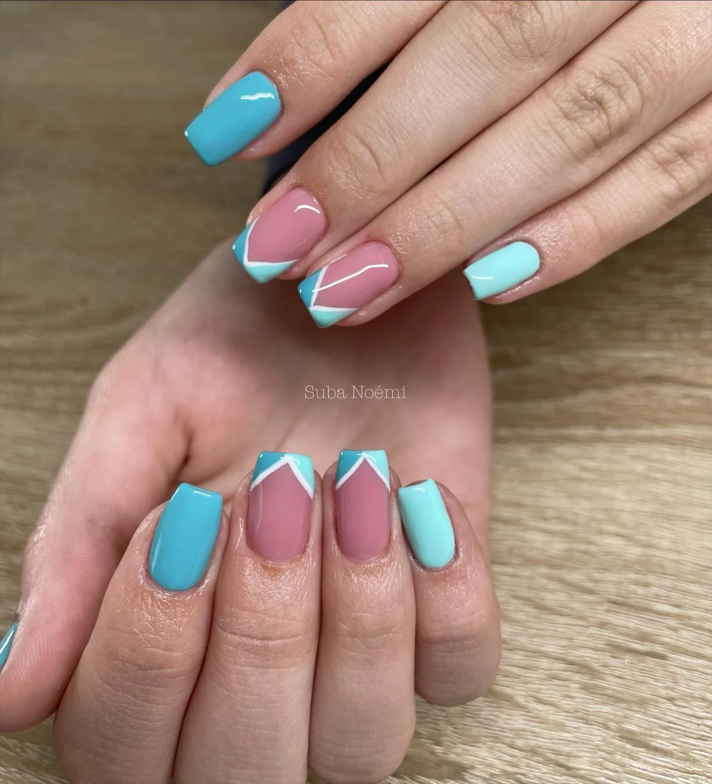 light blue summer nails 2026 Modern Aqua French Square Nails With Graphic White Lines