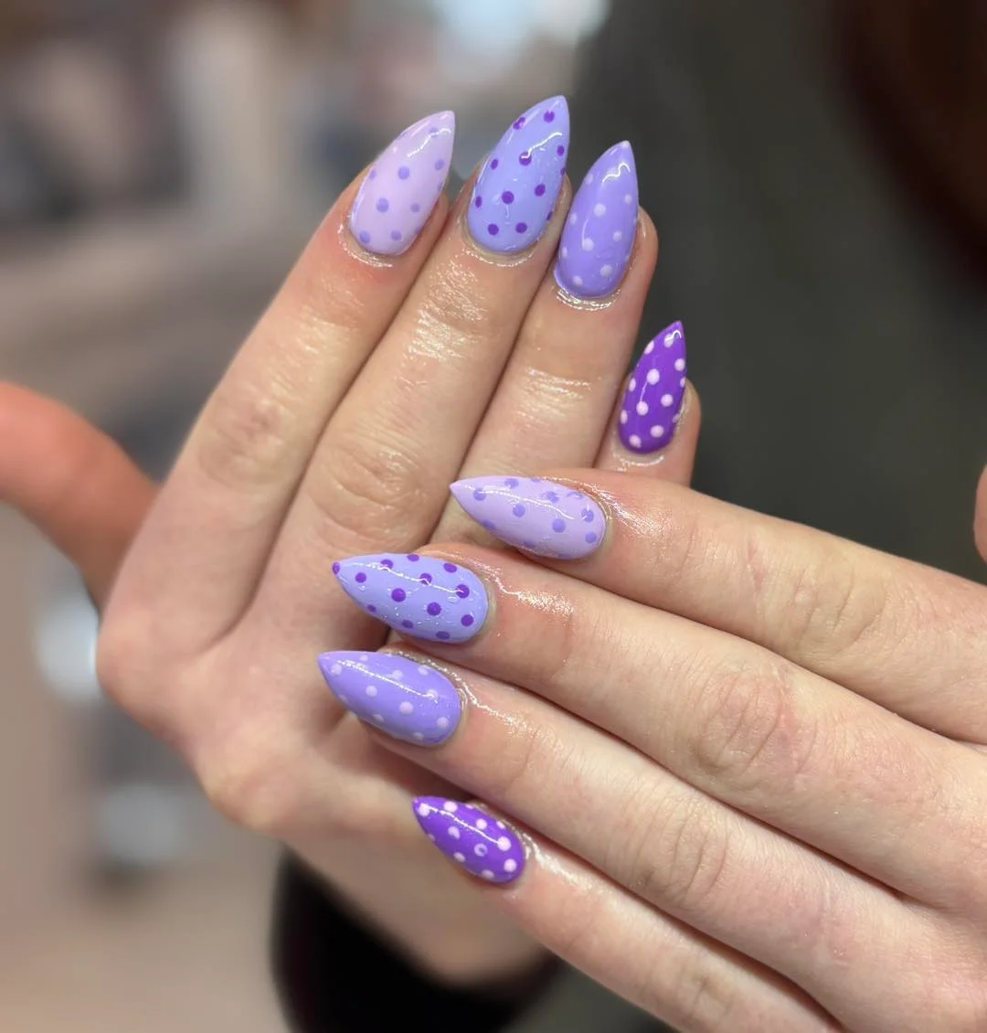 summer acrylic nails 2026 Lavender Polka Dot Nails With Playful Monochrome Styling