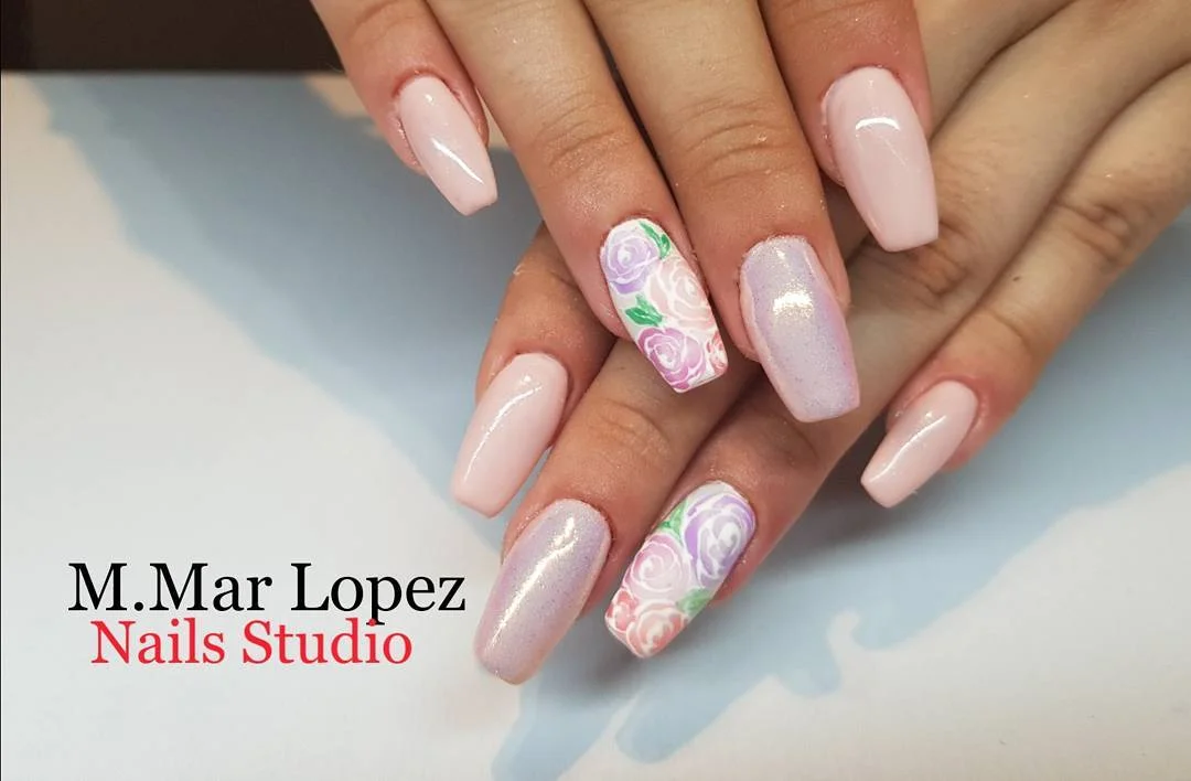 summer nails ballerina shape 2026 Soft Lavender Floral Nails With Romantic Pearl Glow