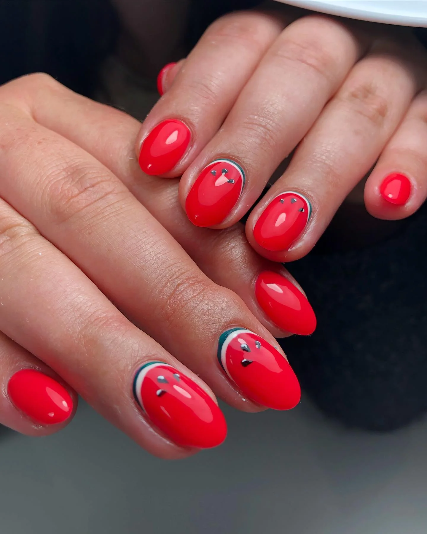 summer nails watermelon 2026 Minimal Red Watermelon Nails With Tiny Seed Accents