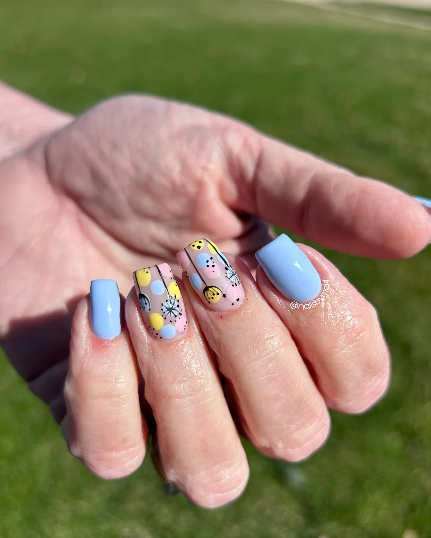 light blue summer nails 2026 Playful Retro Dot Nails With Pastel Blue Accents