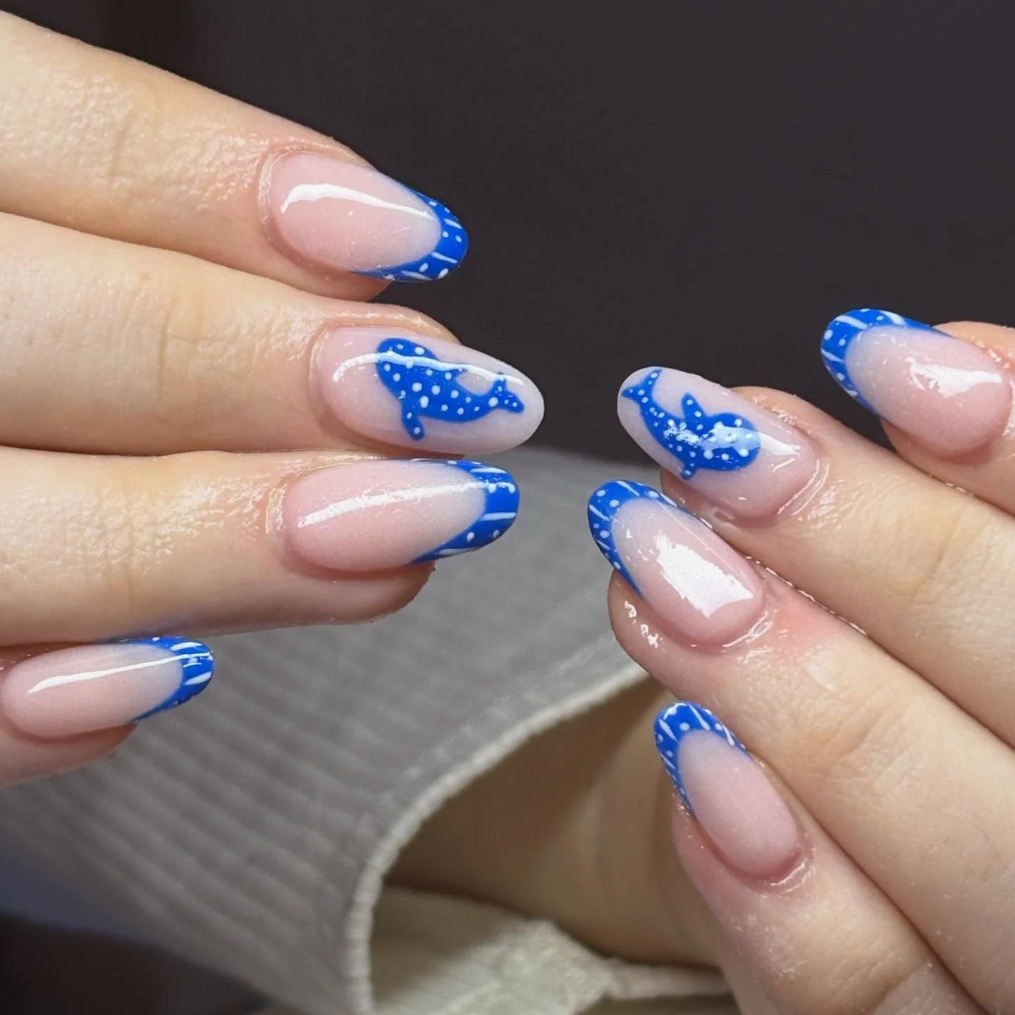 summer acrylic nails 2026 Ocean Blue French Tips With Whimsical Whale Nail Art