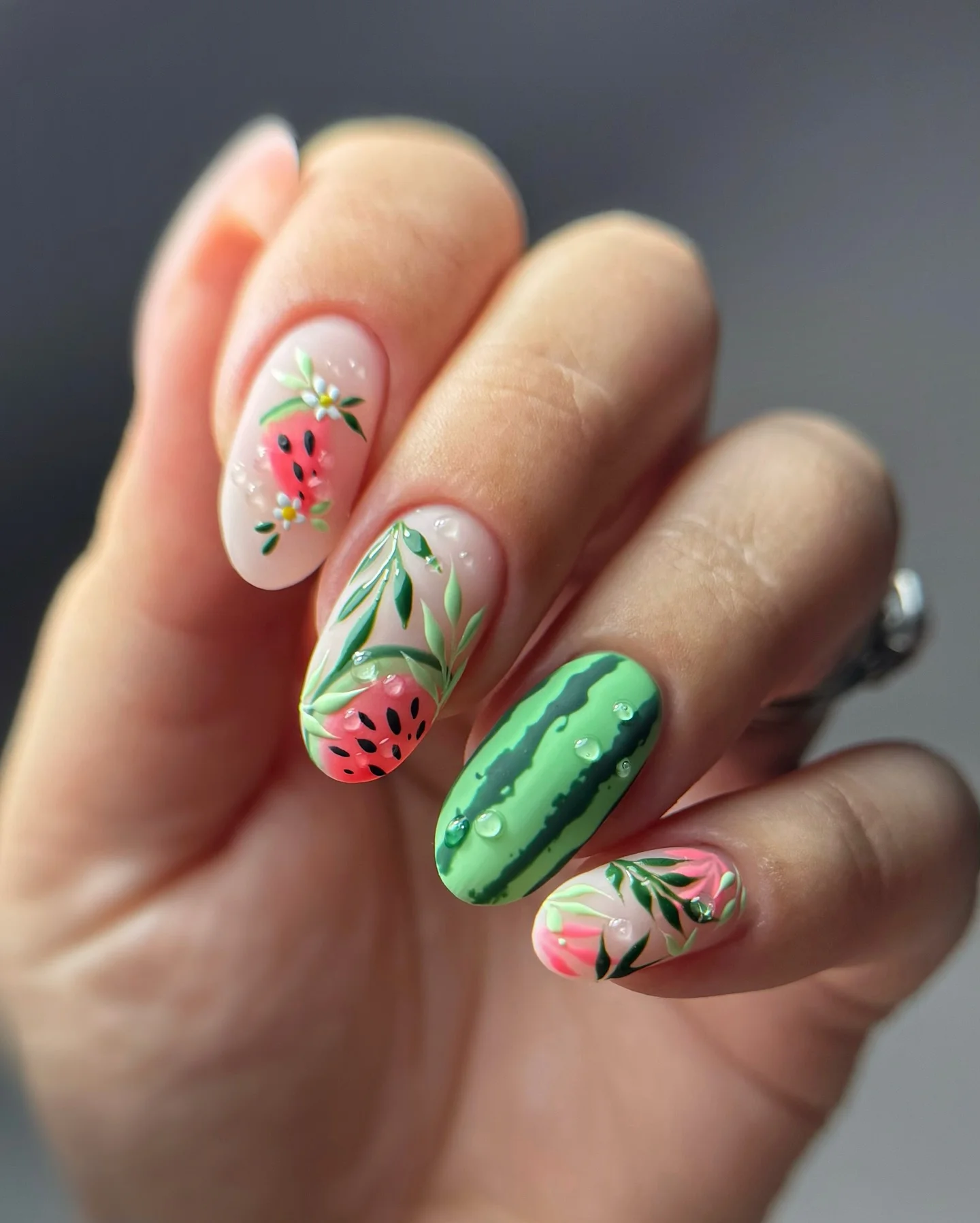 summer nails watermelon 2026 Soft Botanical Watermelon Nails With Delicate Greenery