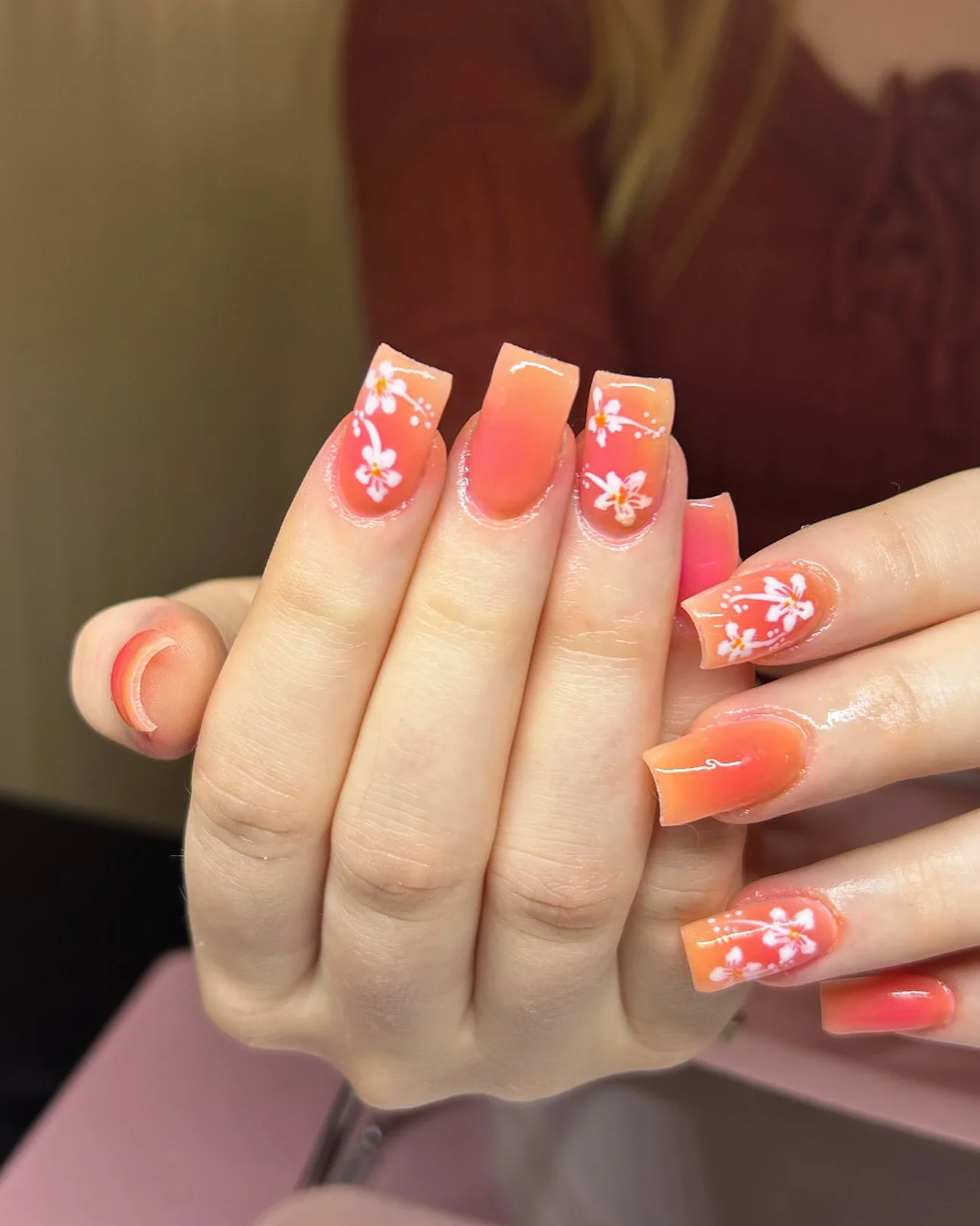 summer vacation nails 2026 Coral Hibiscus Ombre Coffin Nails