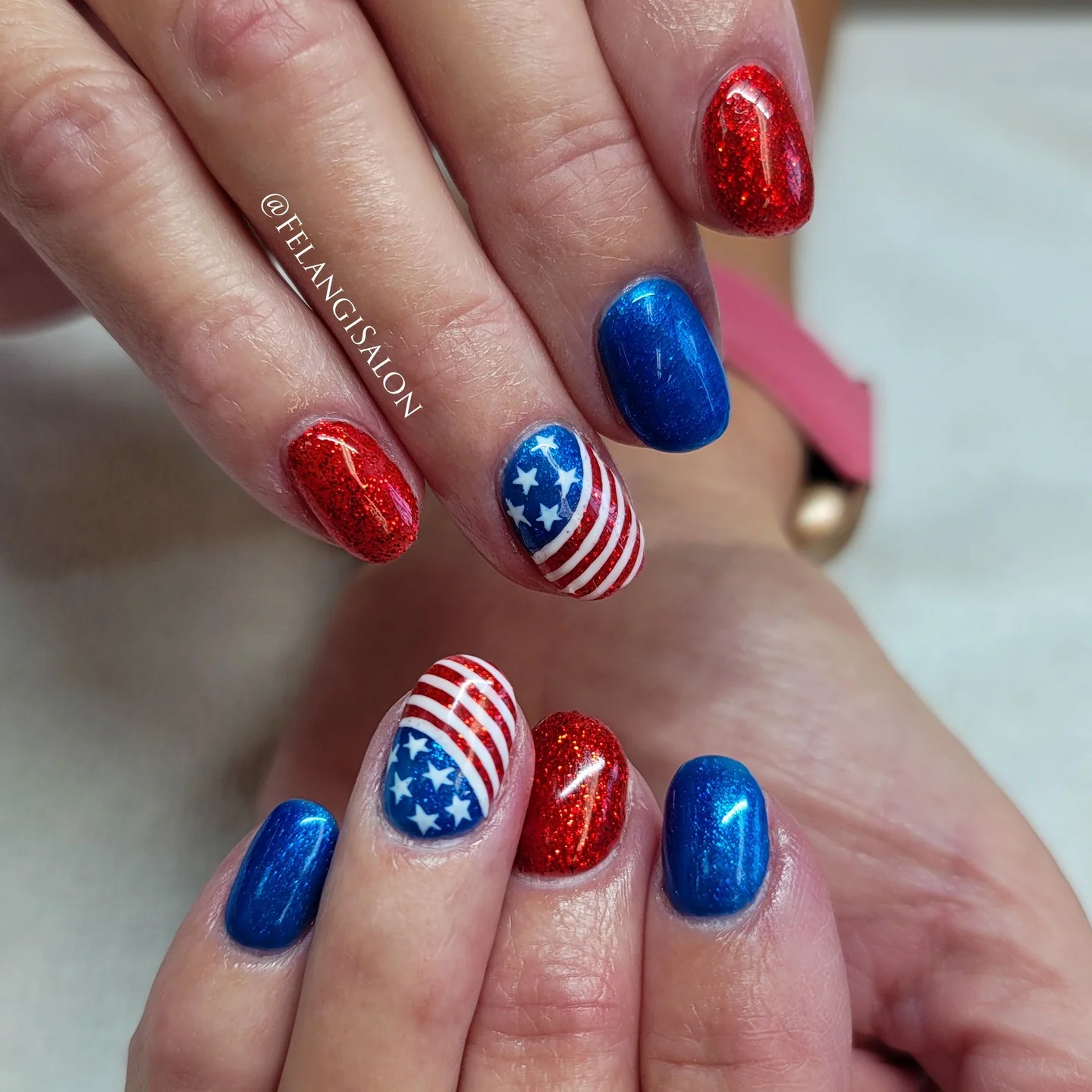 usa nails 2026 Metallic Americana Nails With Sparkling Flag Accent Art