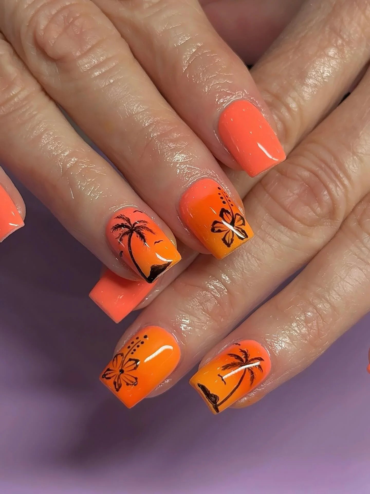 June Nails Ideas 2026 - Summer Trends 2026 Hot Sunset Orange Nails With Tropical Mini Art
