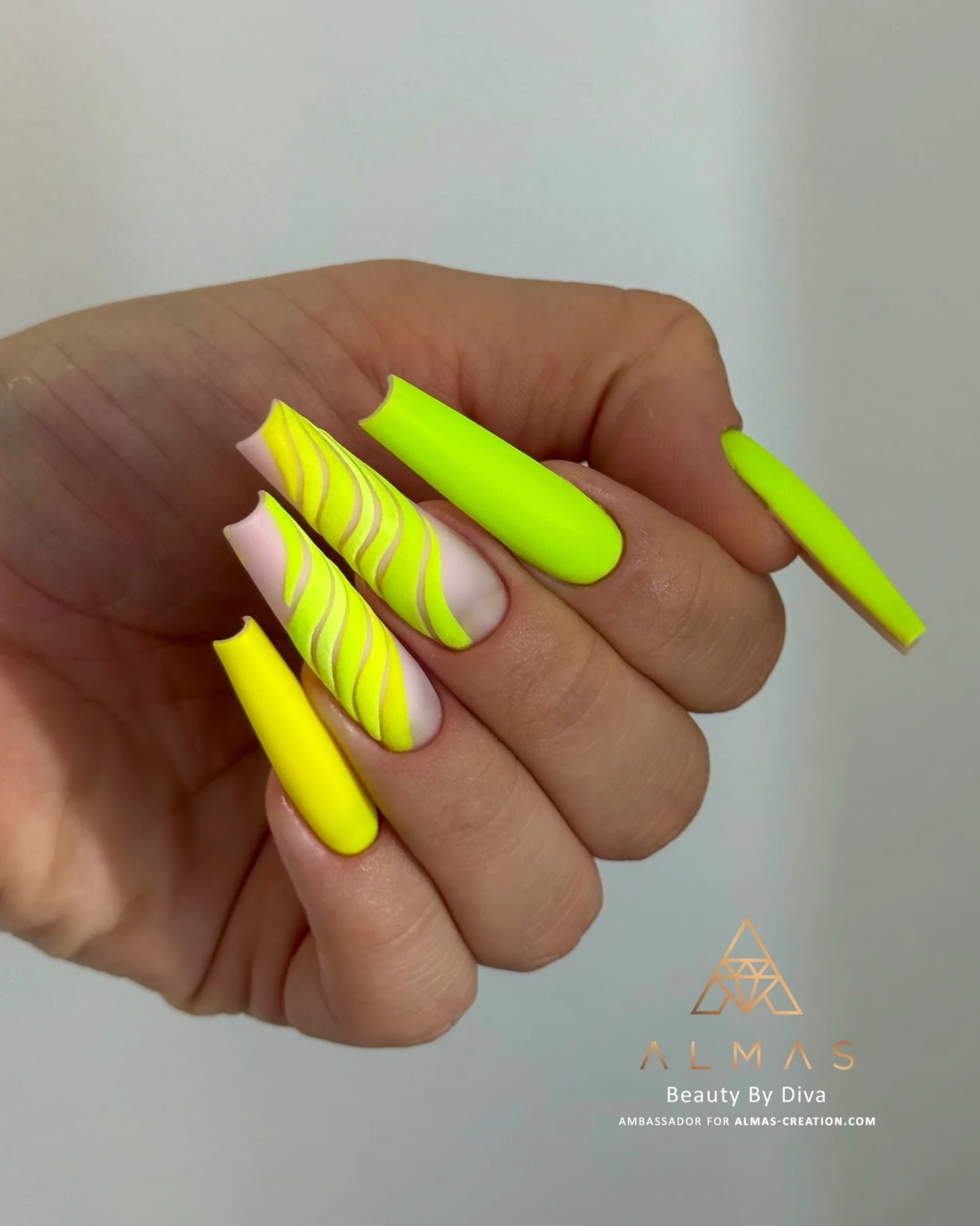 neon summer nails 2026 Matte Neon Yellow Coffin Nails With Swirl Art