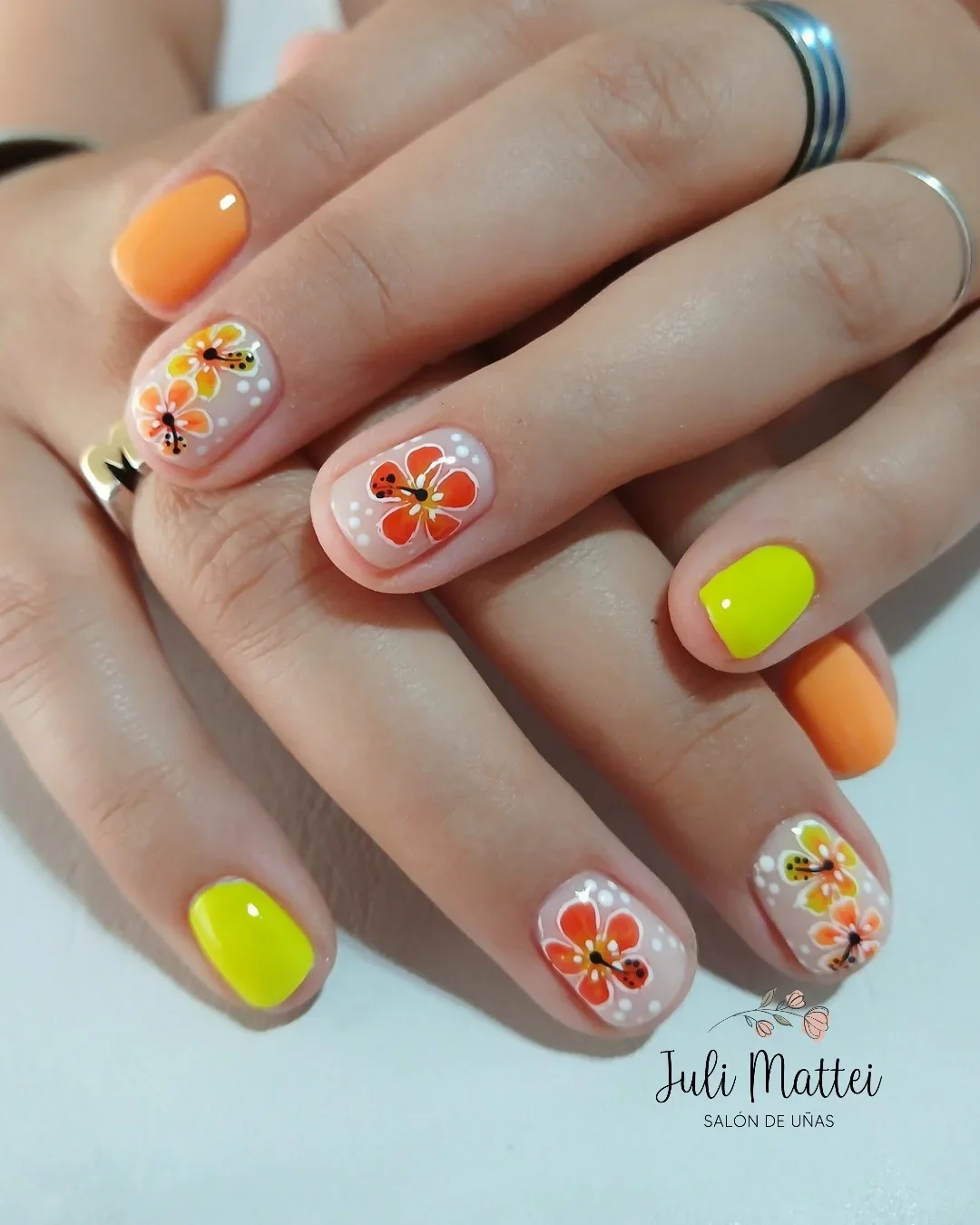 short summer nails 2026 Retro Floral Pop Nails In Citrus Tones