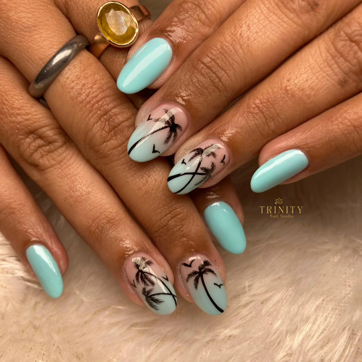 summer beach nails 2026 Tropical Palm Tree Almond Nails For Sunset Vacations