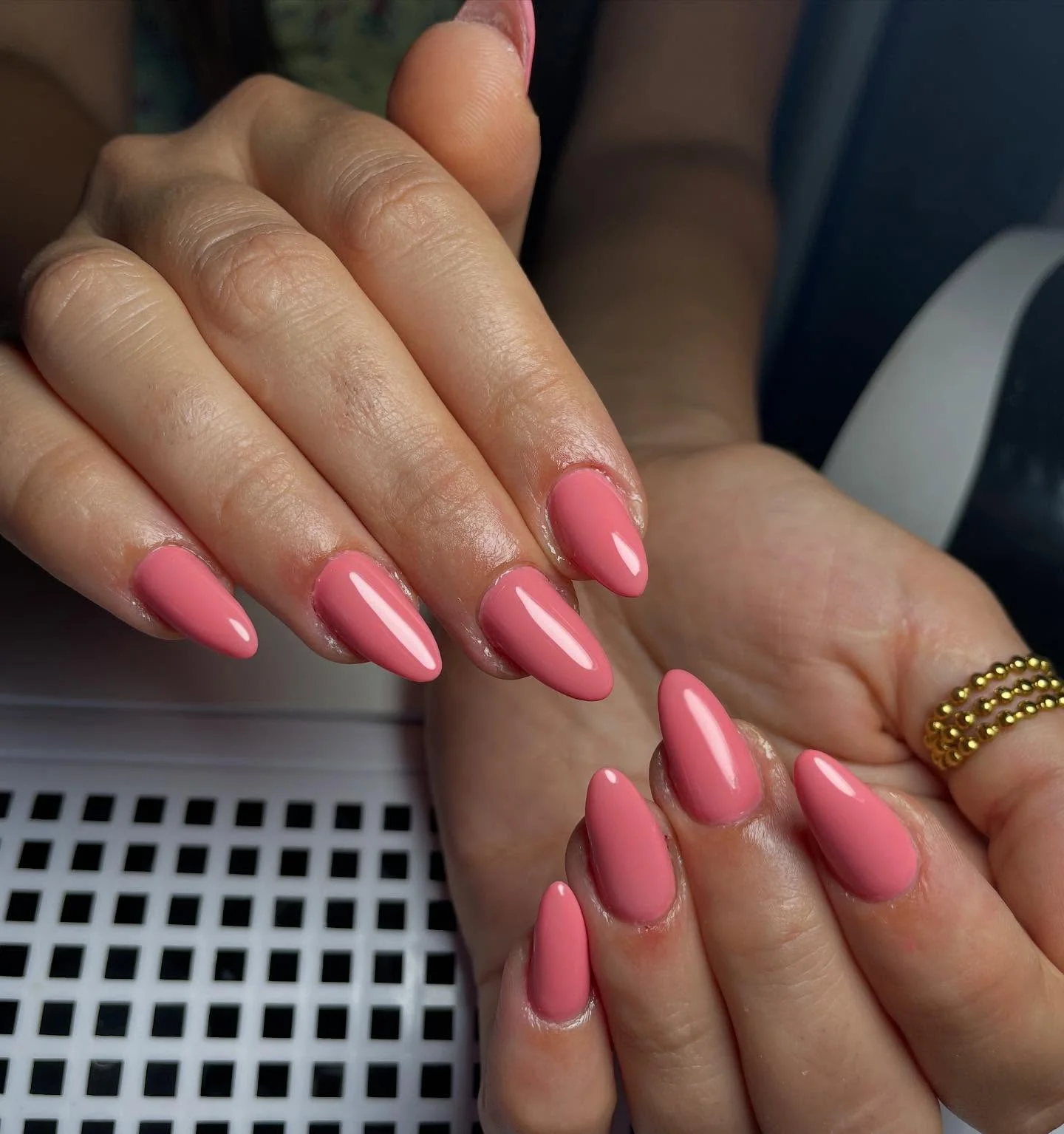 summer nail colors 2026 Milky Coral Pink Almond Manicure