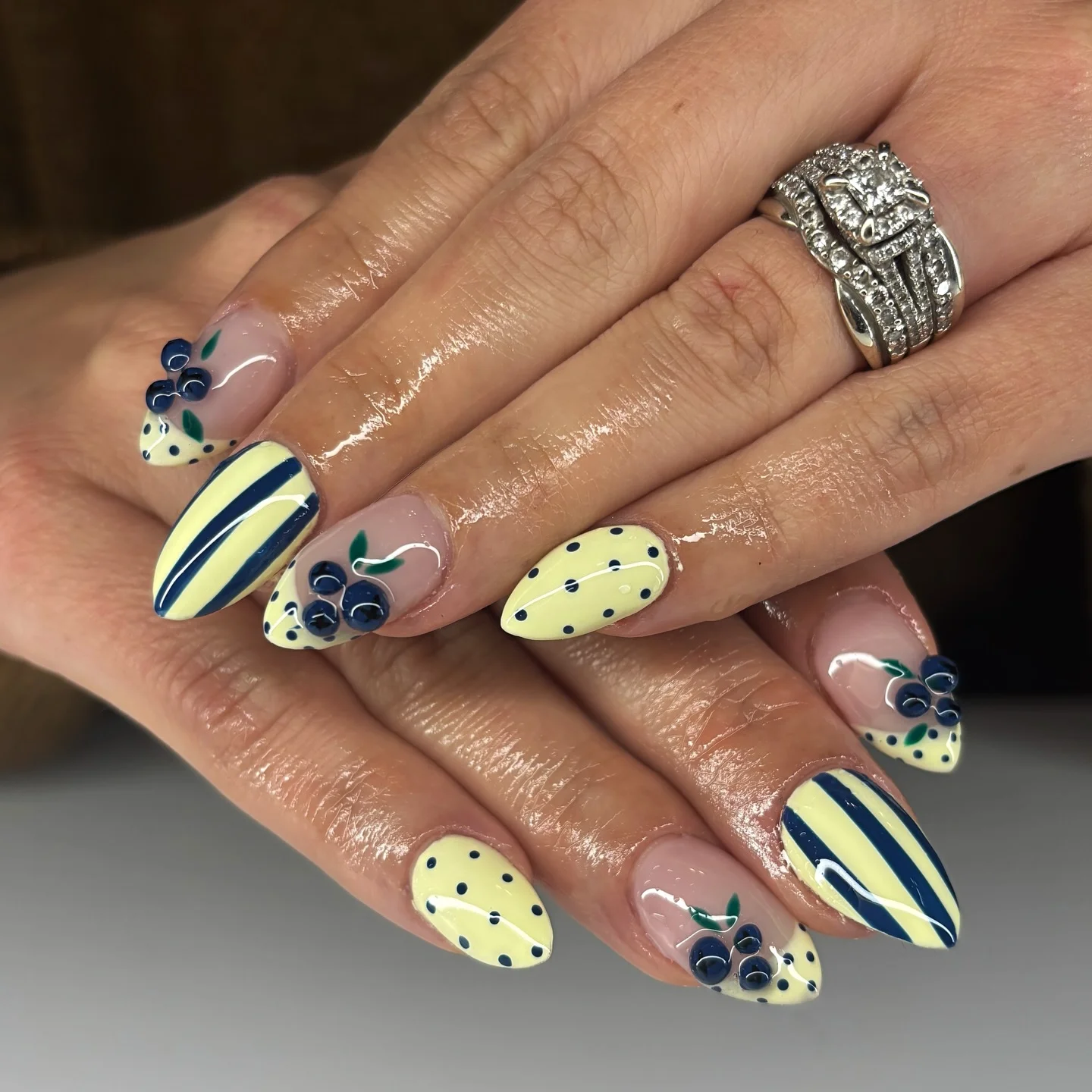 summer nails design 2026 Blueberry Milk Polka Dot Almond Nails