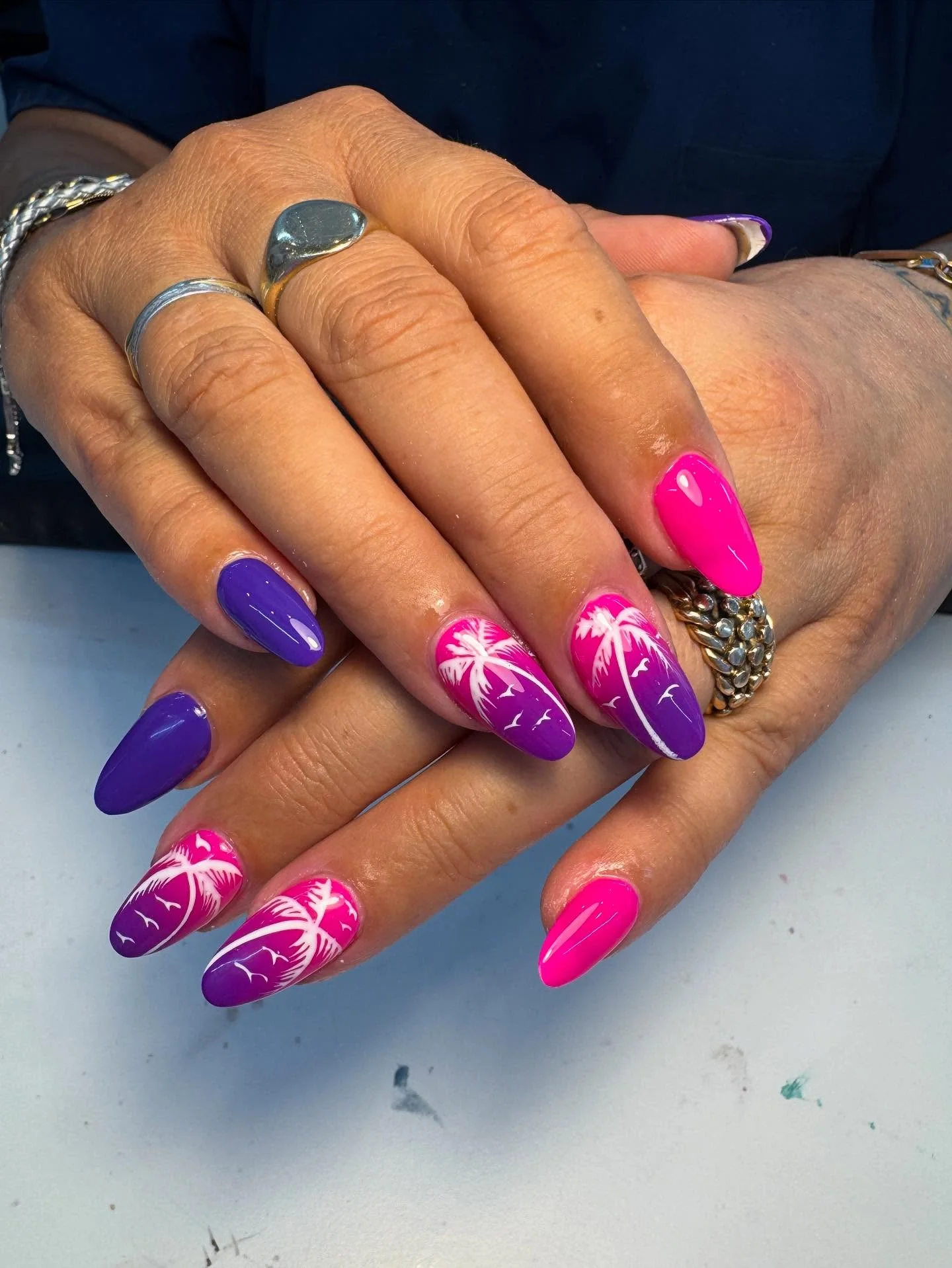 summer vacation nails 2026 Electric Pink And Purple Tropical Nails