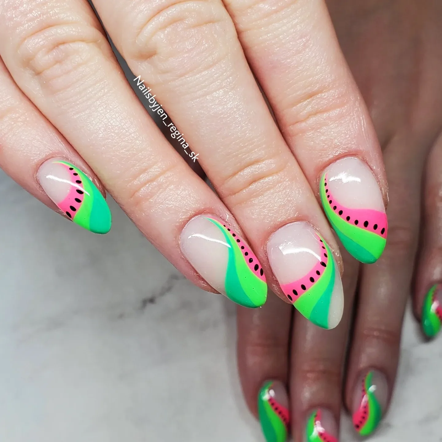 summer vibrant nails 2026 Watermelon French Tips With Neon Green Waves