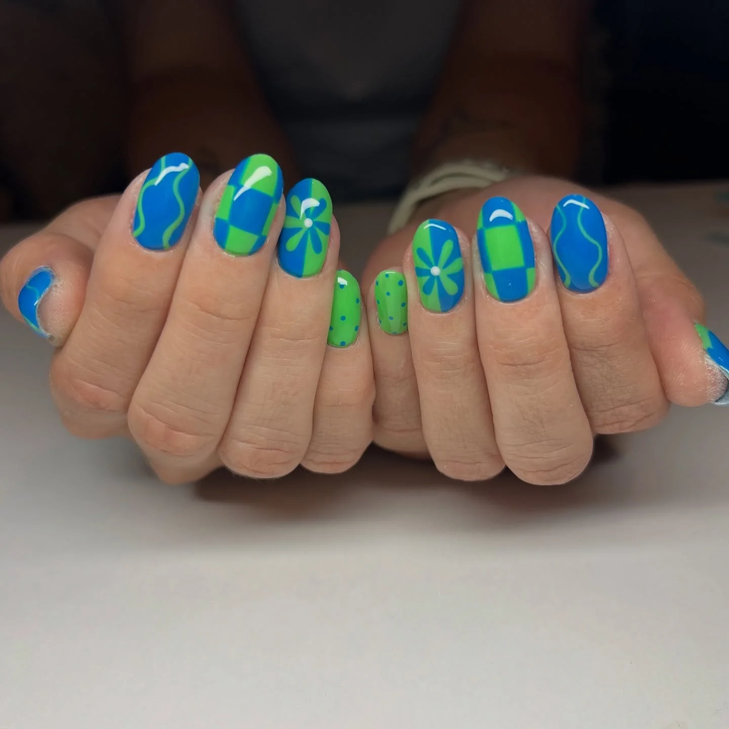 bright summer nails 2026 Retro Blue And Green Graphic Mix