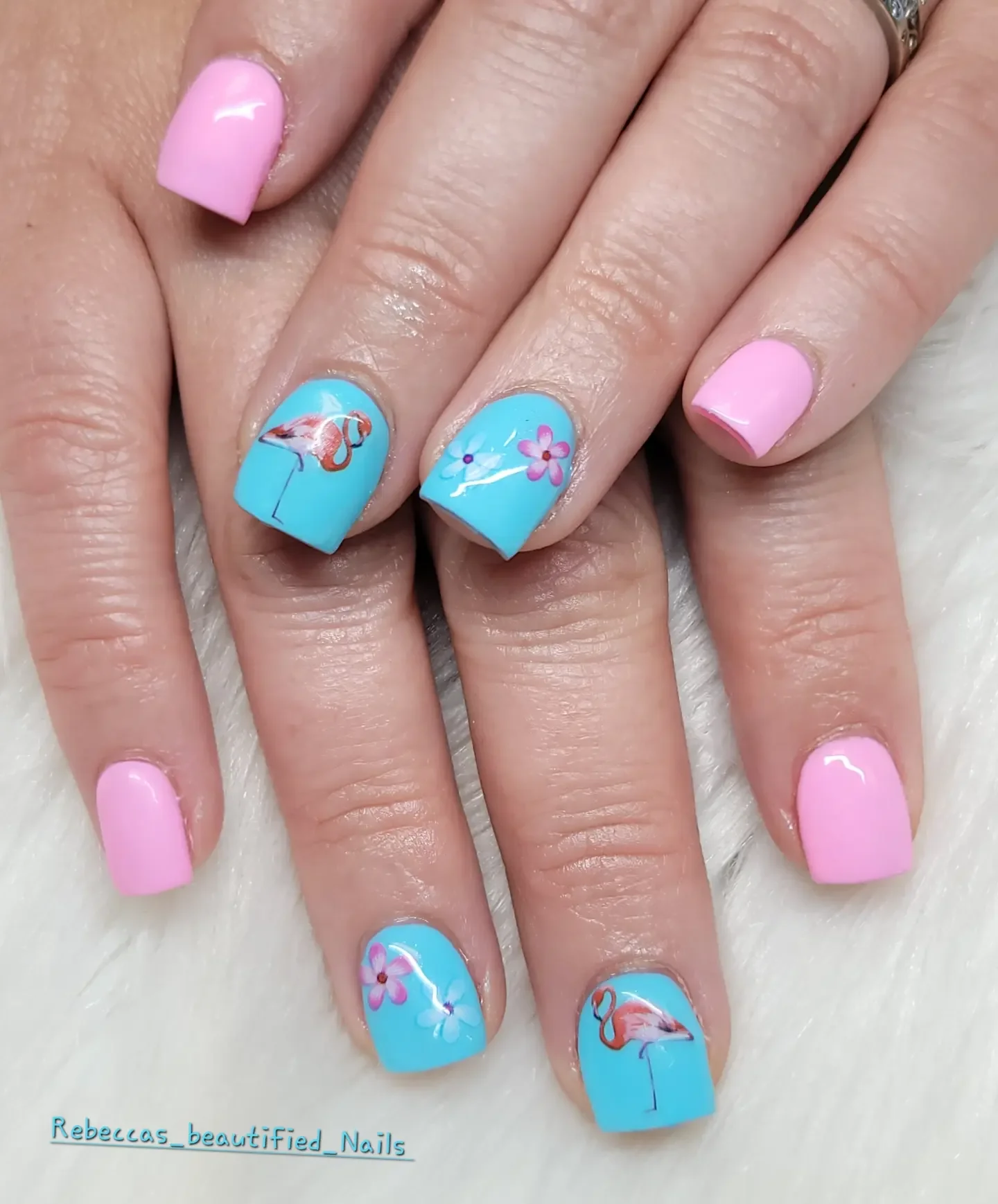 light blue summer nails Pink And Aqua Tropical Nails With Playful Flamingo Art