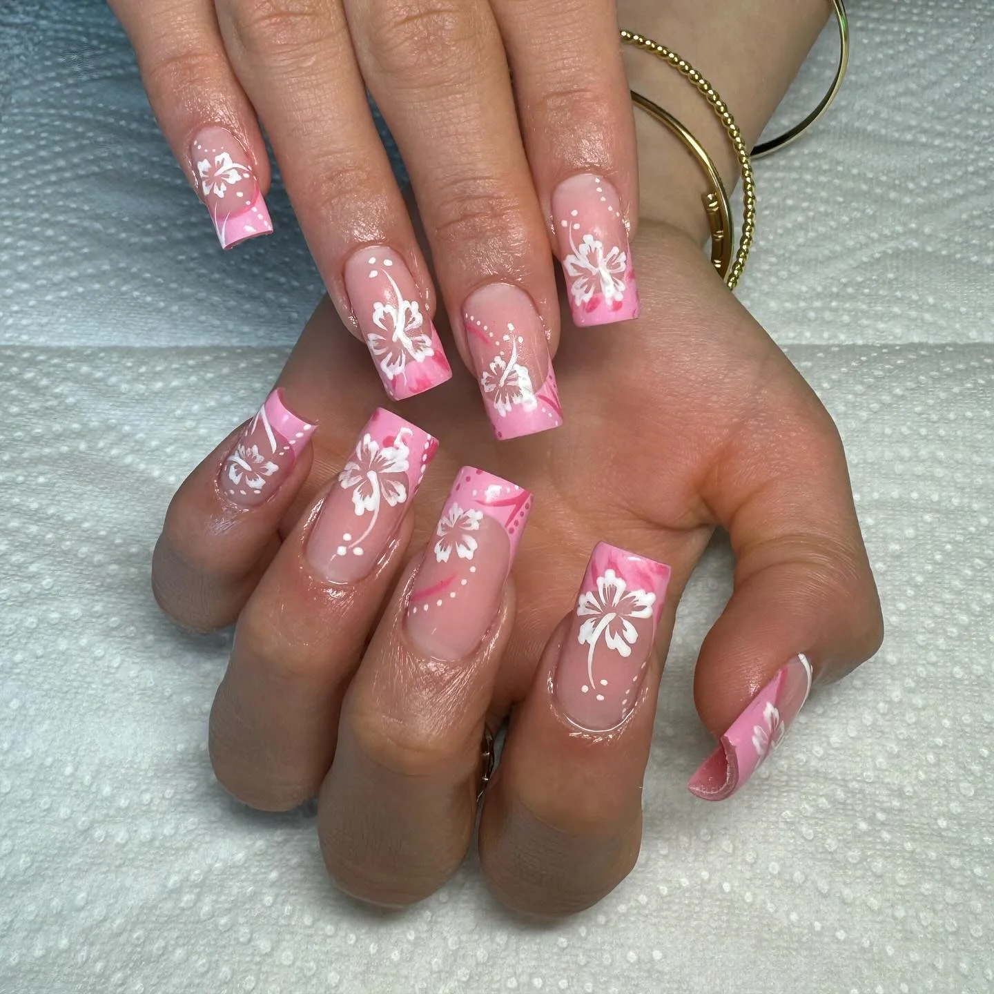 pink summer nails 2026 Soft Tropical Hibiscus Nails With Pink French Details