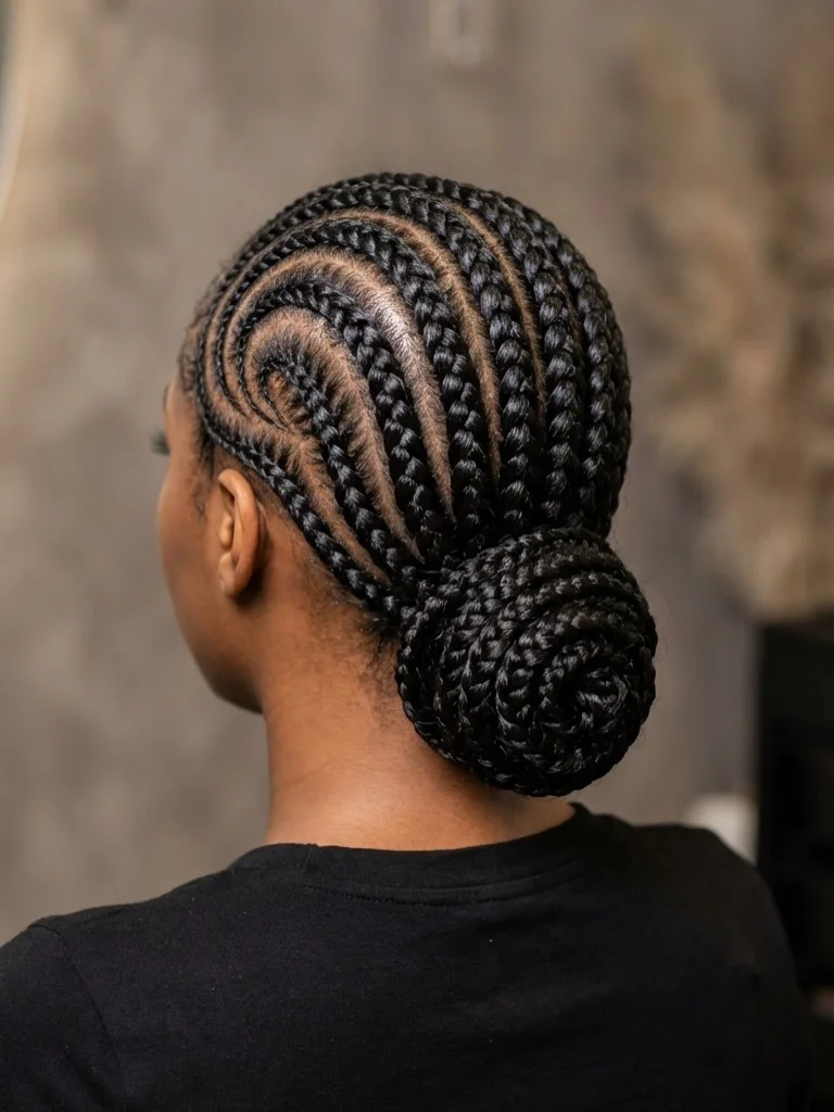 regal summer hairstyle black women 2026 Low Braided Bun With Crowned Swirl Details