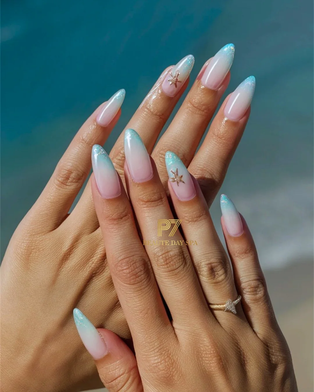 summer beach nails 2026 Soft Ombre Ocean Tips With Delicate Coastal Sparkle