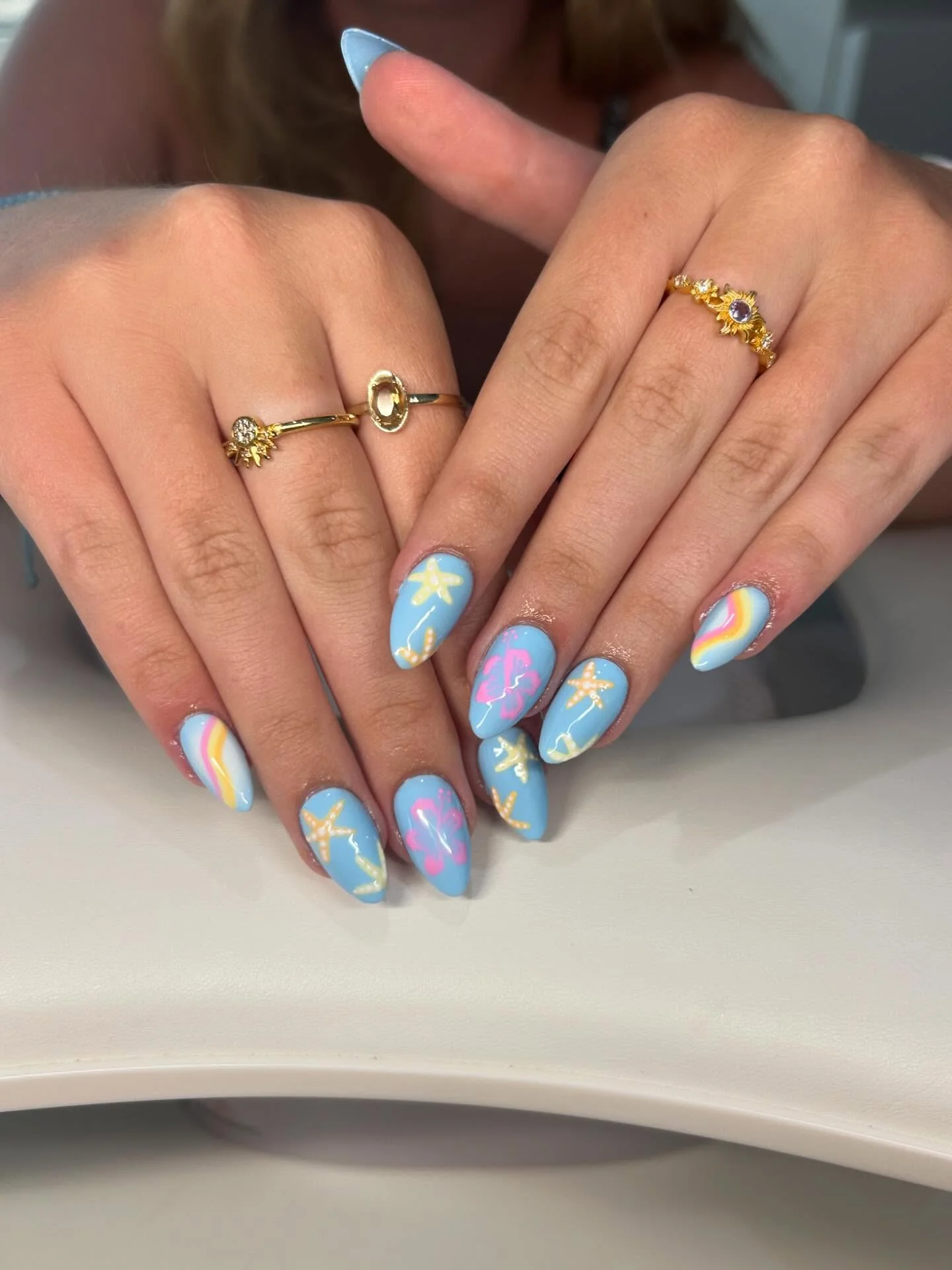 summer nail art 2026 Sky Blue Tropical Nails With Mermaid Energy