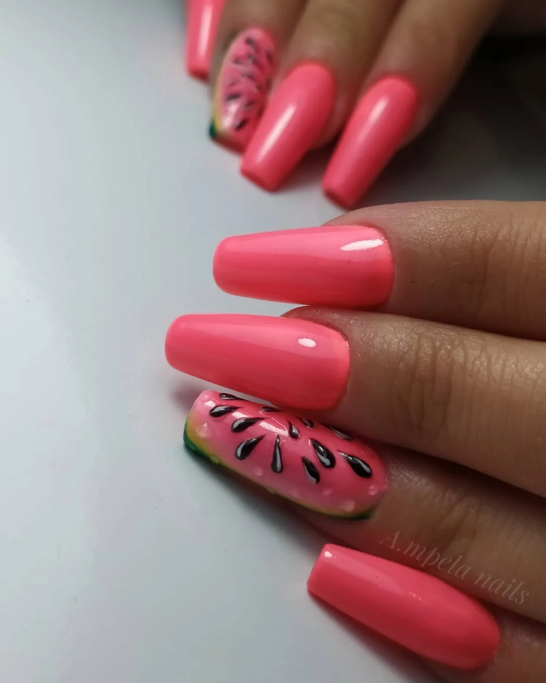 summer nails ballerina shape 2026 Glossy Watermelon Pink Nails With Playful Fruit Art