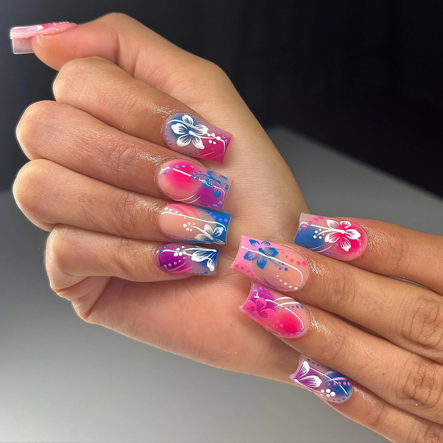 summer nails design 2026 Hot Pink And Blue Hibiscus Gradient Nails