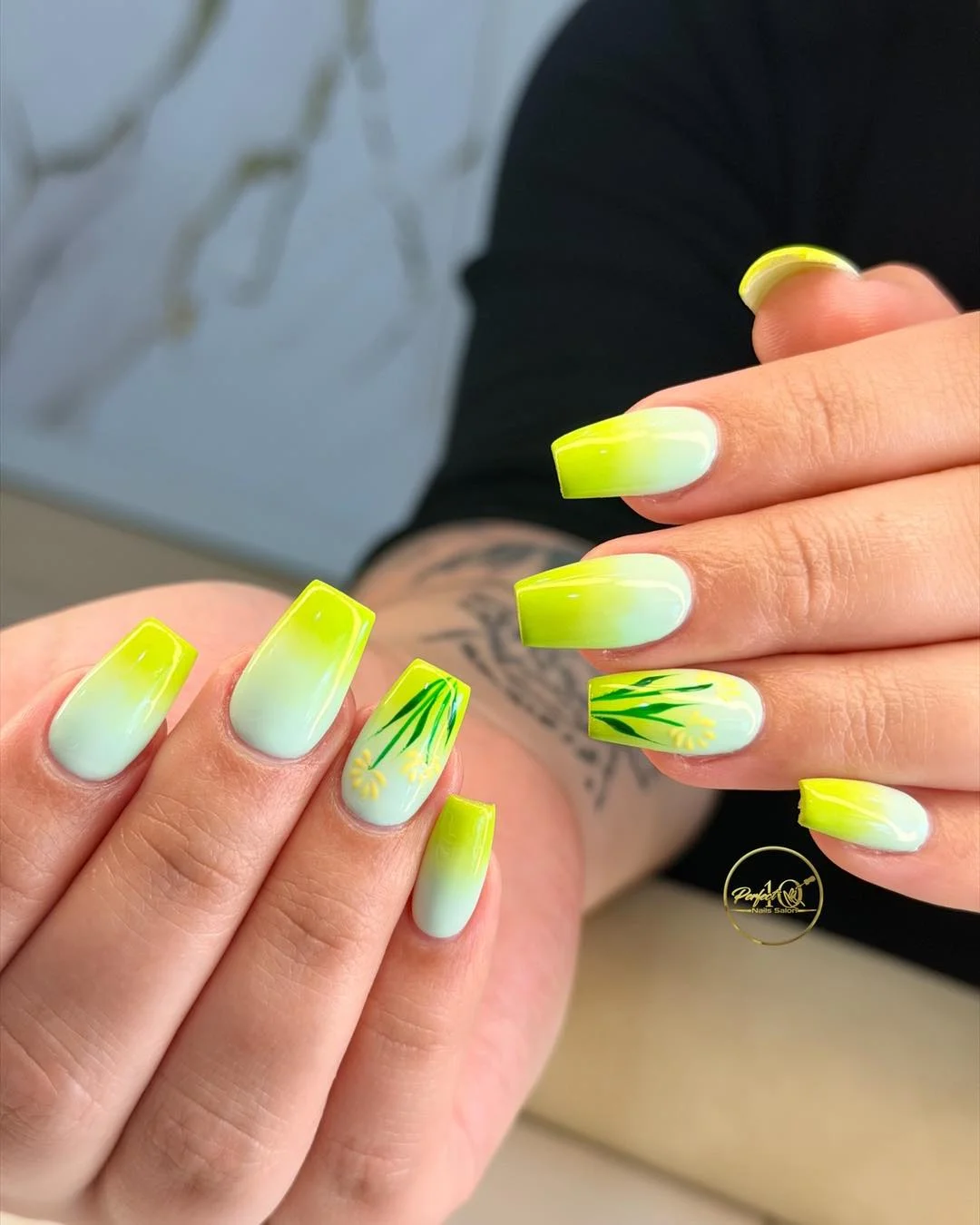 summer ombre nails 2026 Neon Lime Square Ombre With Tropical Details