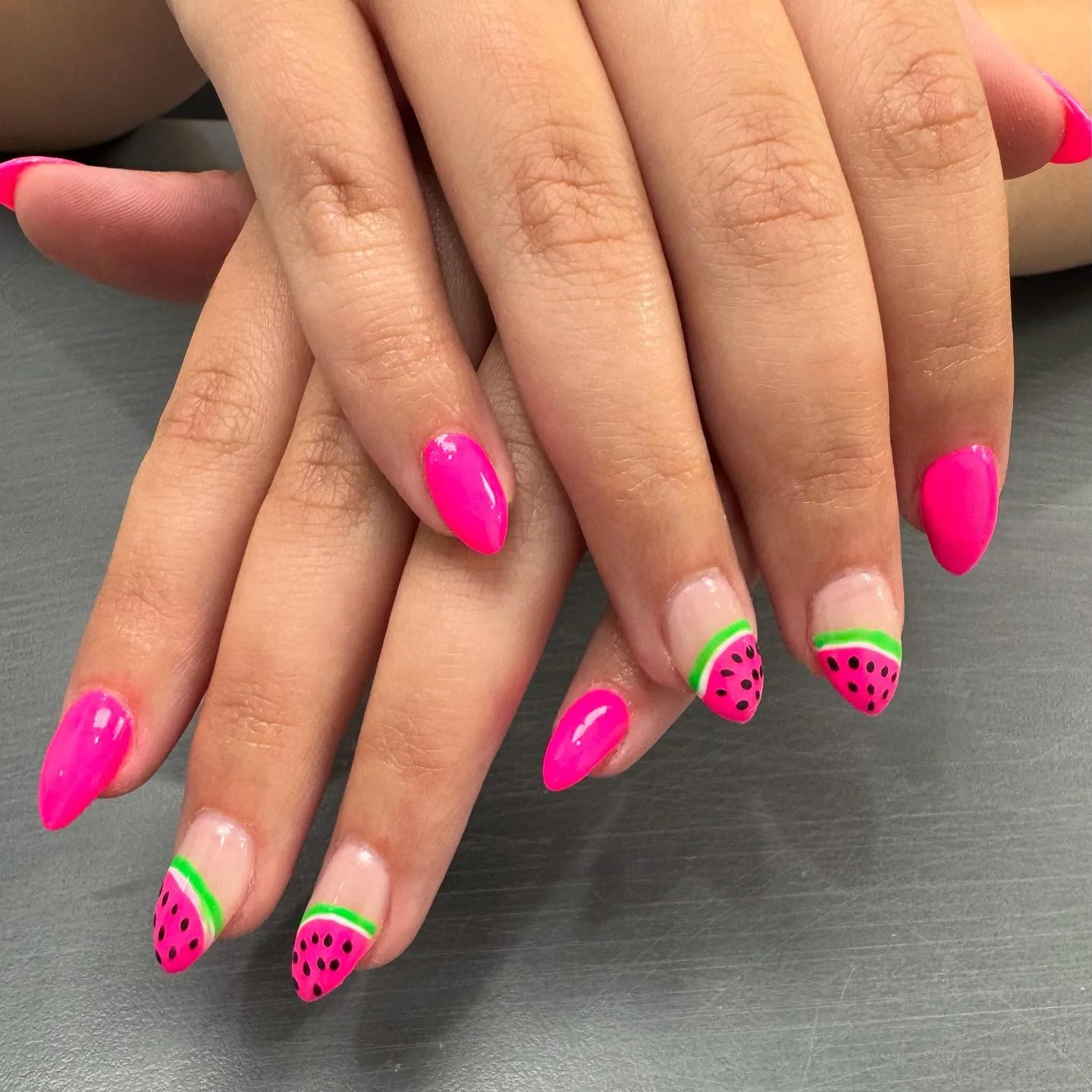 trendy summer nails 2026 Neon Watermelon French Tips For Poolside Summer Days
