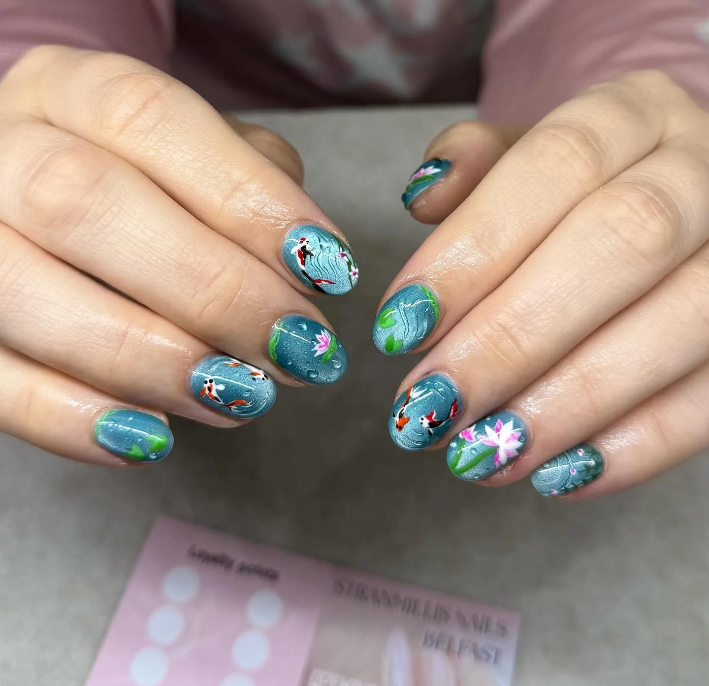 June Nails Ideas 2026 - Summer Trends 2026 Dreamy Water Garden Nails With Artistic Blue Details