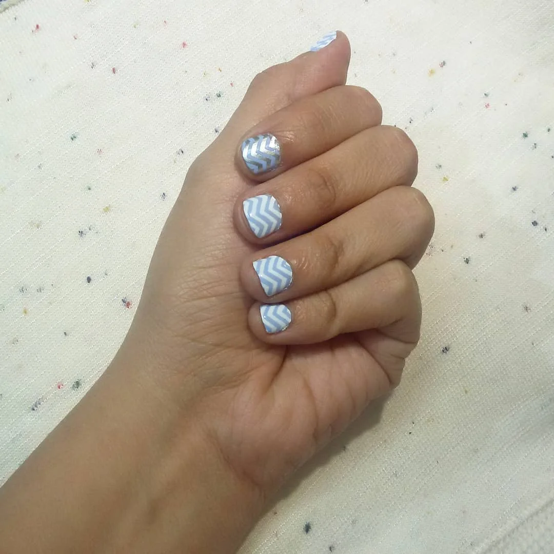 light blue summer nails Soft Blue Chevron Nails With A Cozy Minimal Twist