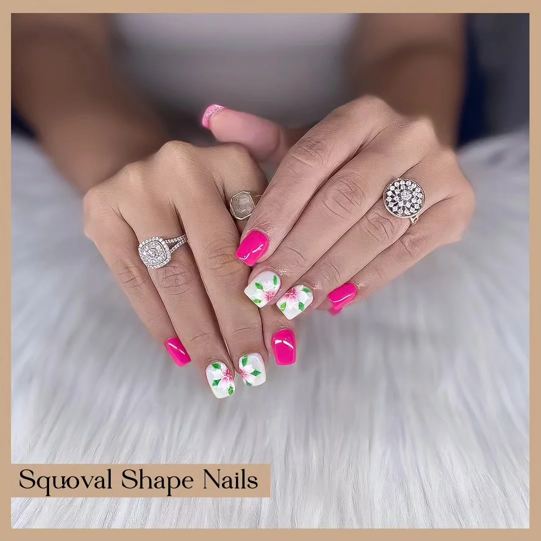 short squoval nails design 2026 Hot Pink Tropical Bloom Statement