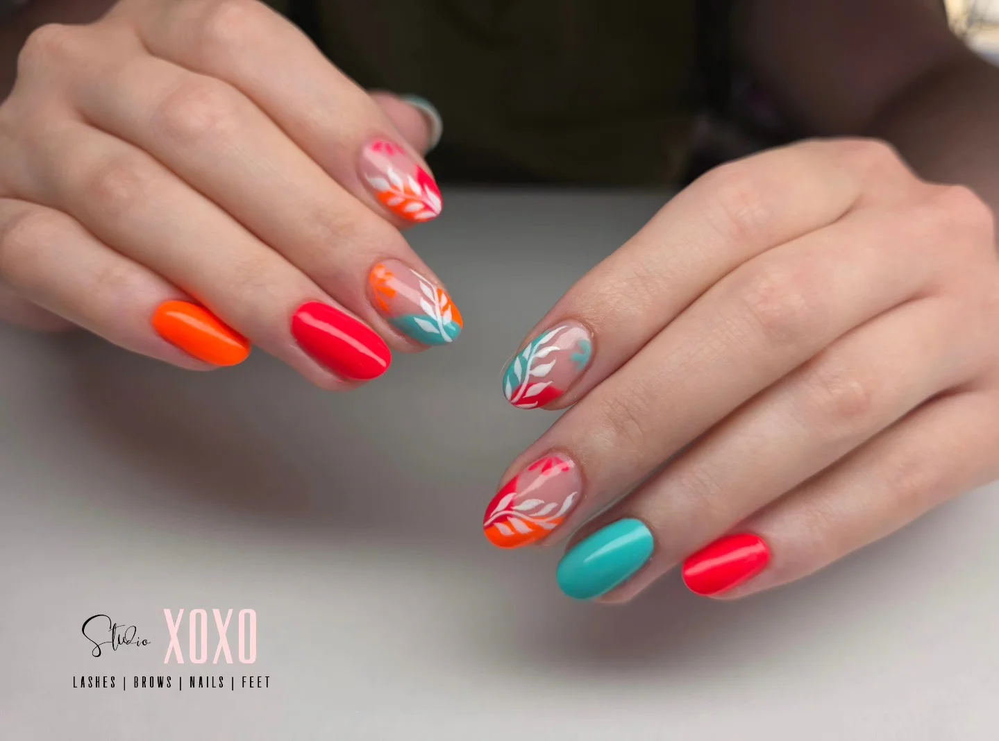 short summer nails 2026 Tropical Neon Nails With Bright Botanical Art