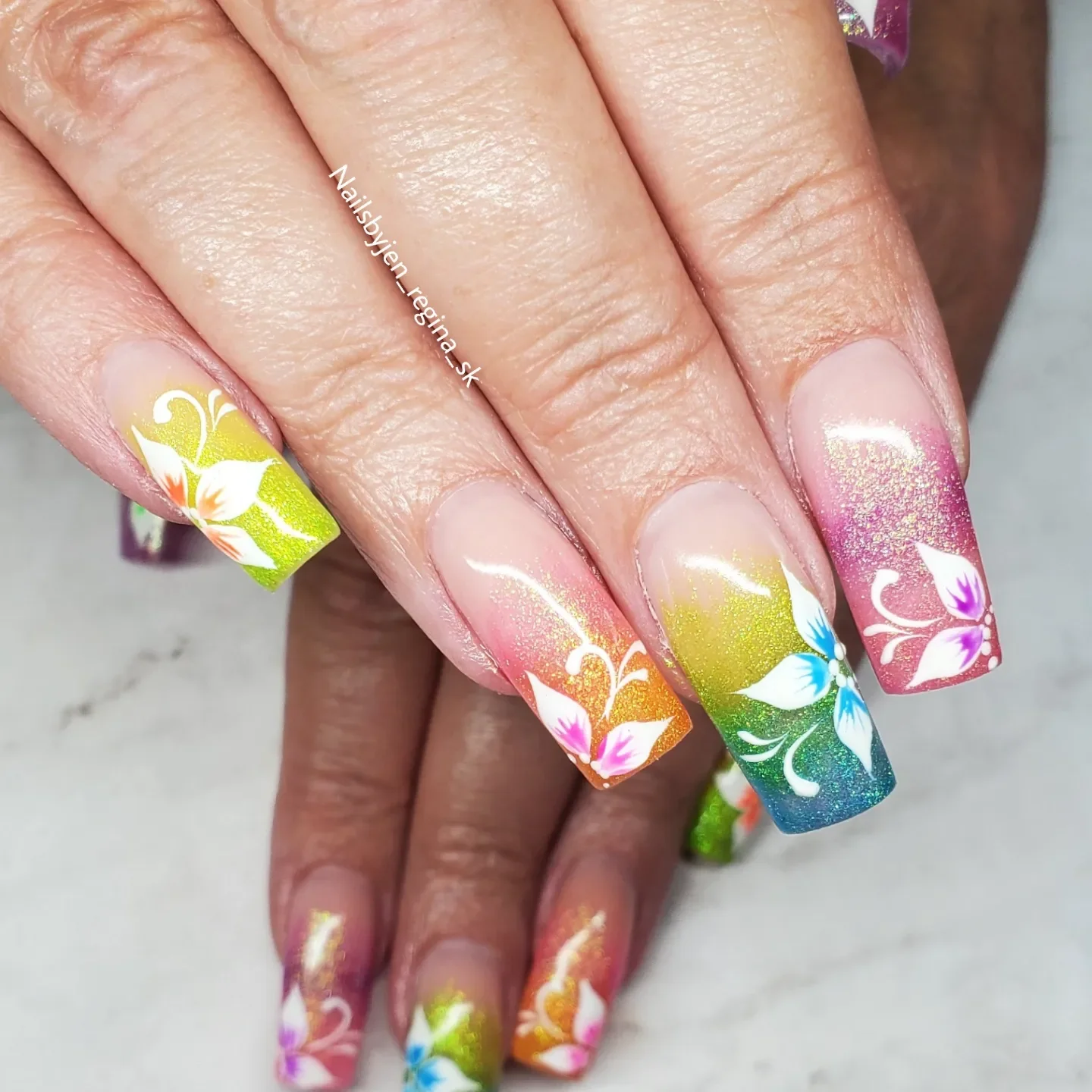 summer vacation nails 2026 Rainbow Hibiscus Square Nails