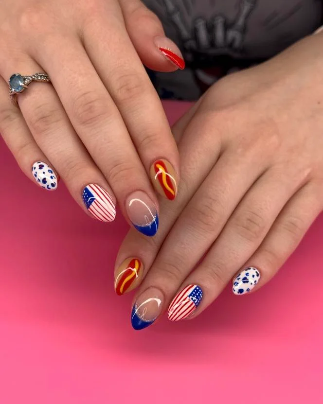 4th of july nails 2026 Retro Americana Almond Nails With Hot Dog Art