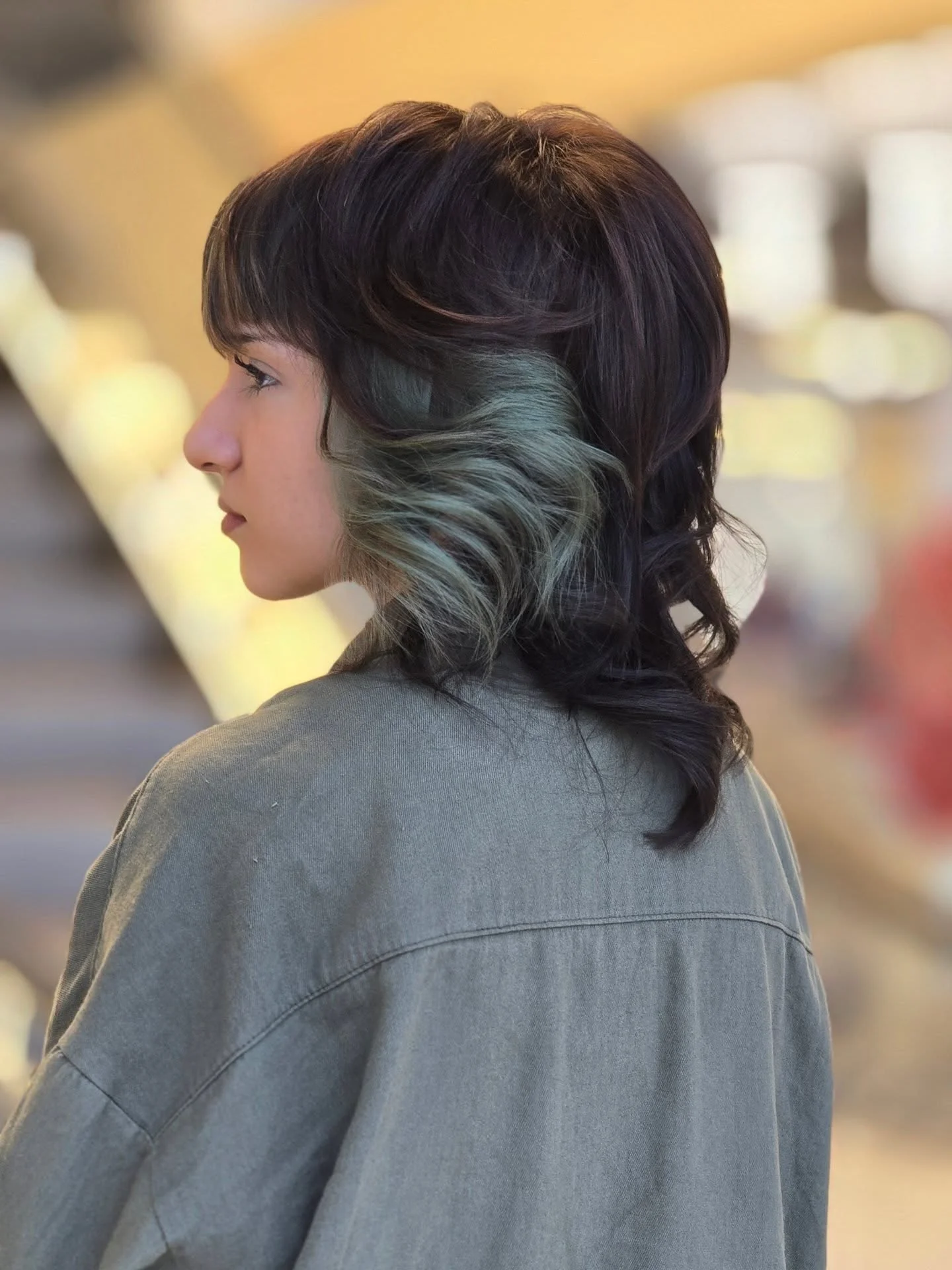 edgy summer shag hairstyle 2026 Shadowed Midnight Shag With Hidden Mint Panels