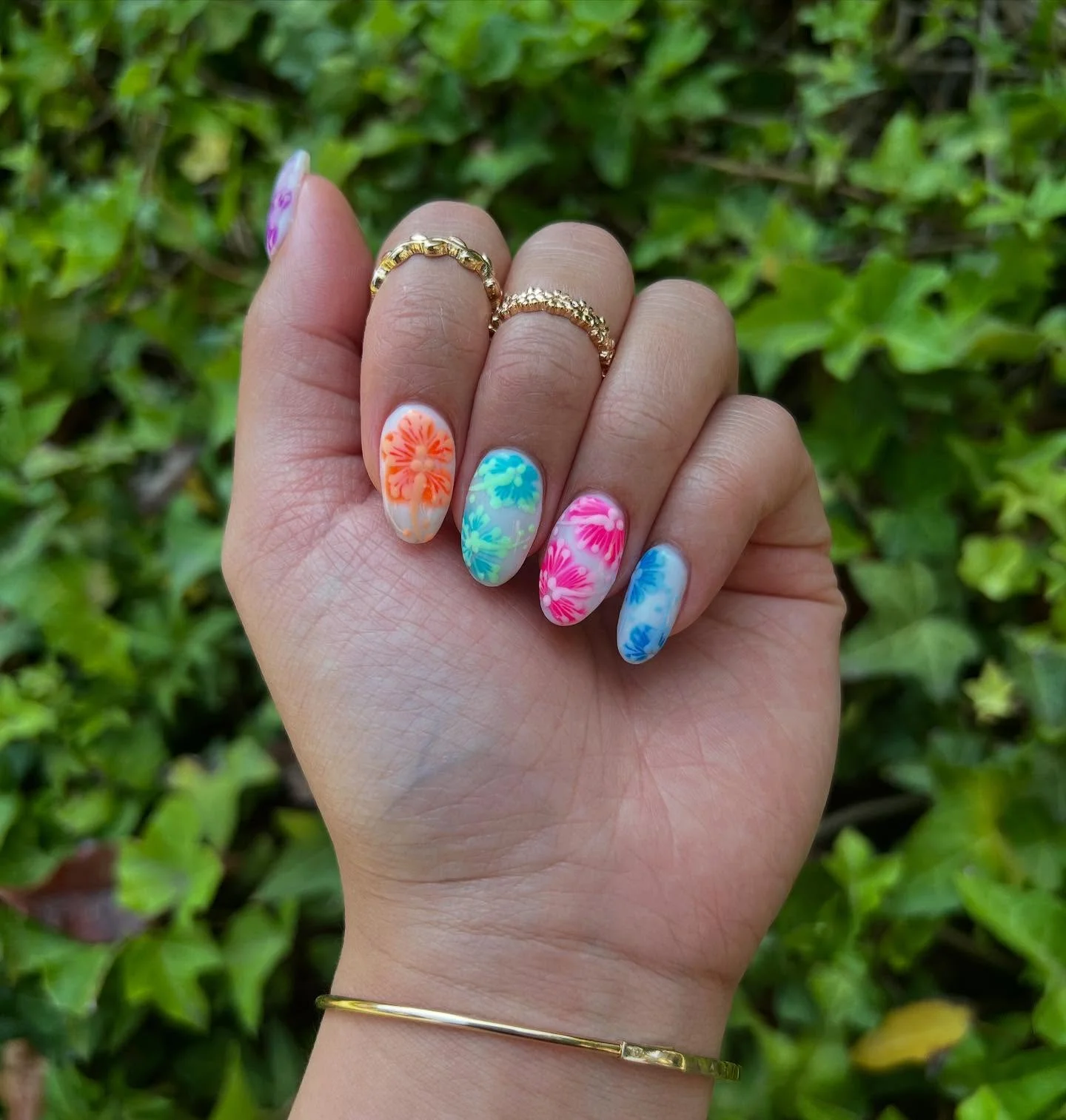 neon summer nails 2026 Tropical Bloom Neon Nails With A Soft Airbrushed Finish