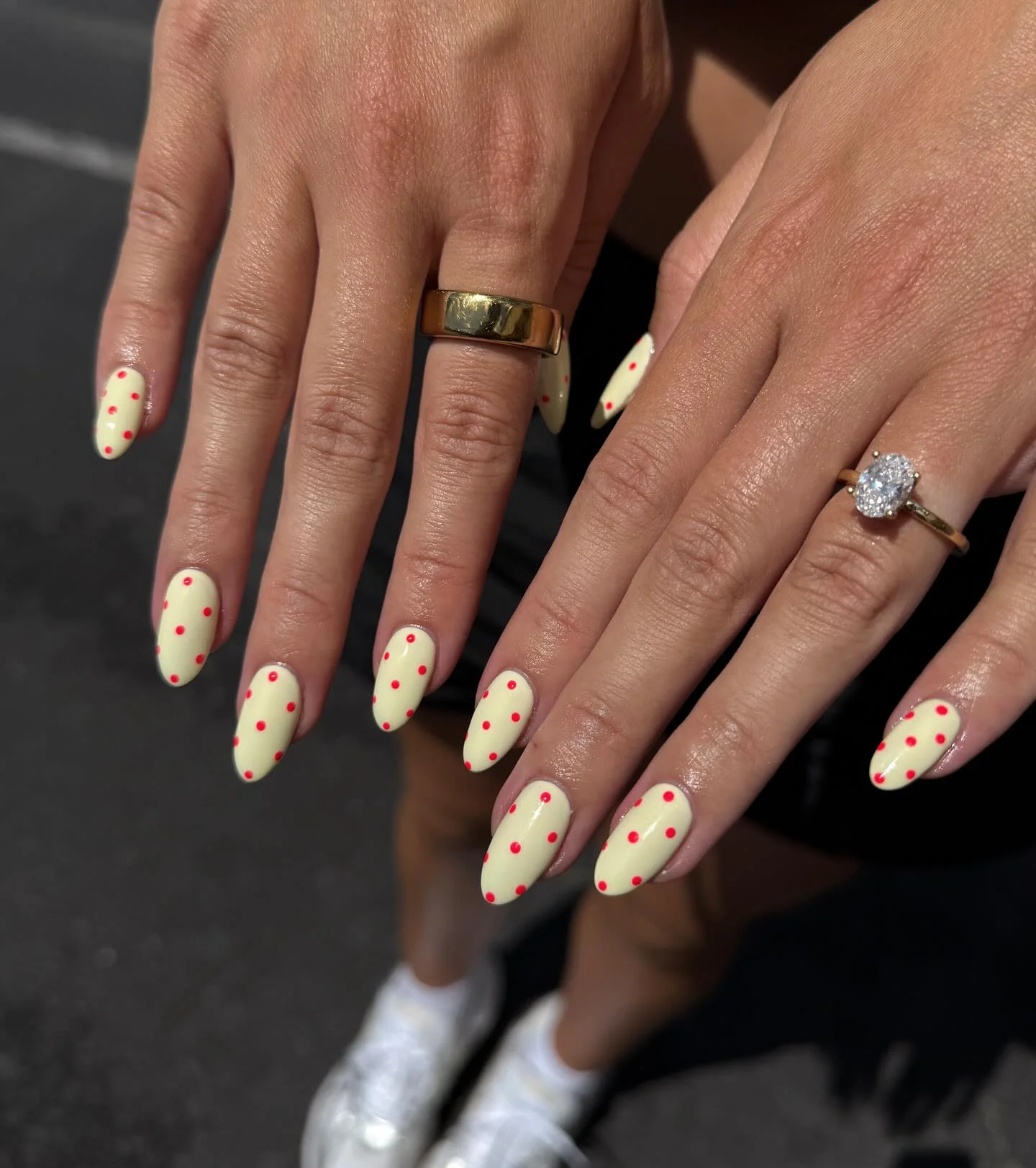 polka dot summer nails 2026 Vanilla Almond Dots With A Retro Pop Finish
