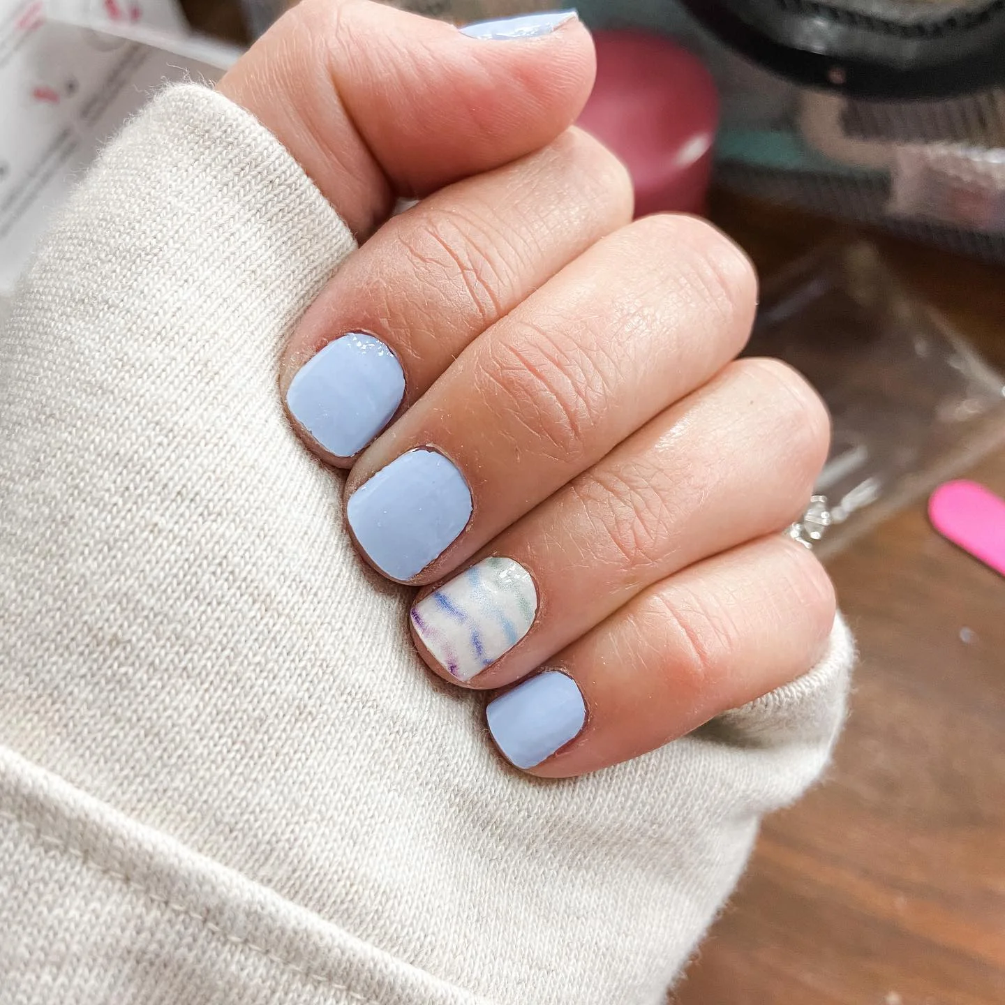 short gel nails summer 2026 Powder Blue Minimalism With A Soft Watercolor Accent