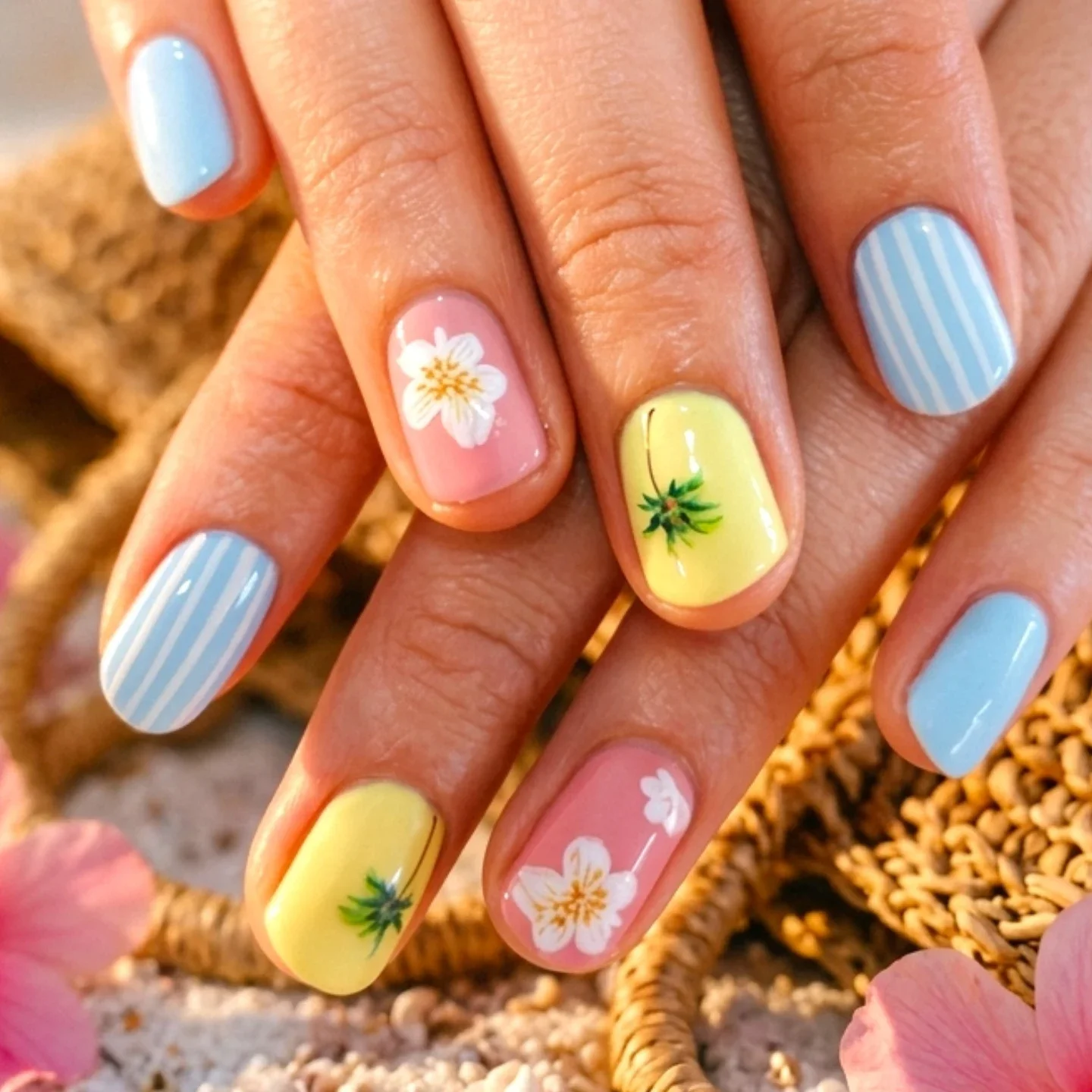 summer beach nails 2026 Soft Tropical Pastels With Tiny Floral Details