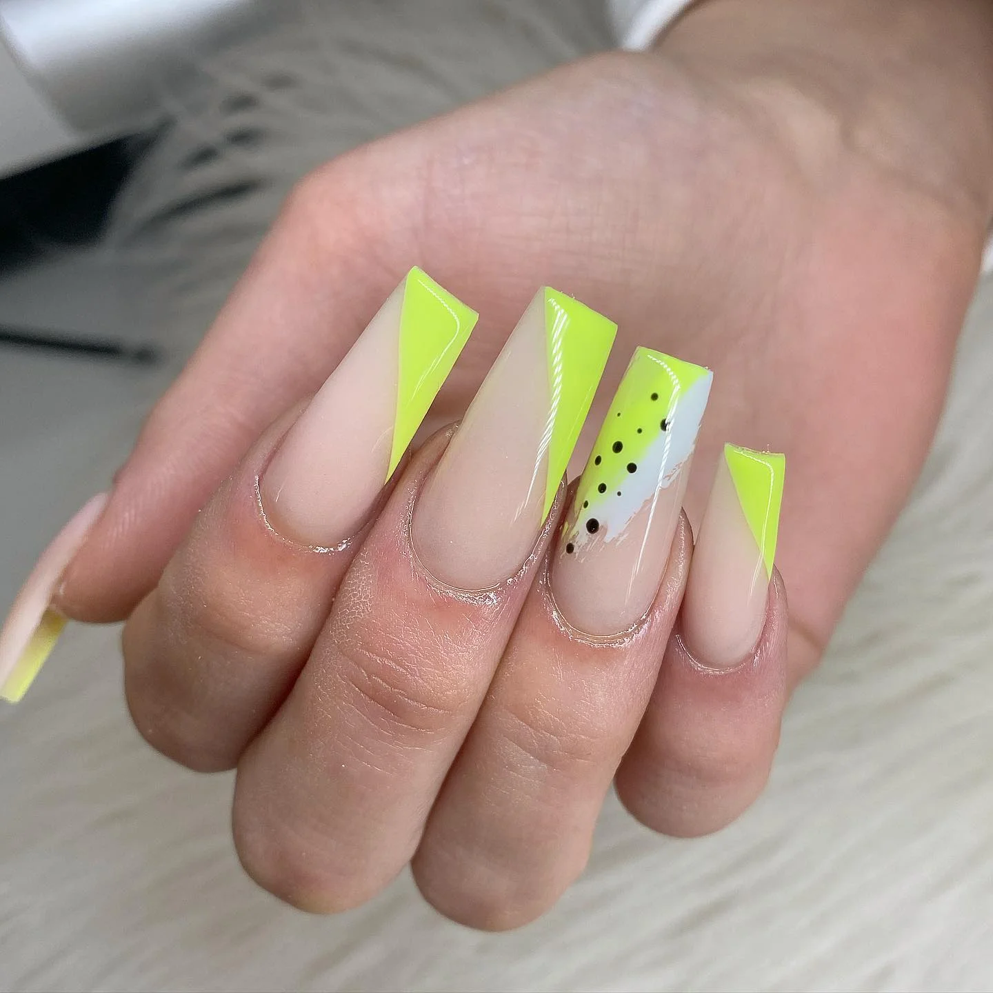 summer nails ballerina shape 2026 Neon Lime French Tips With Modern Graphic Energy