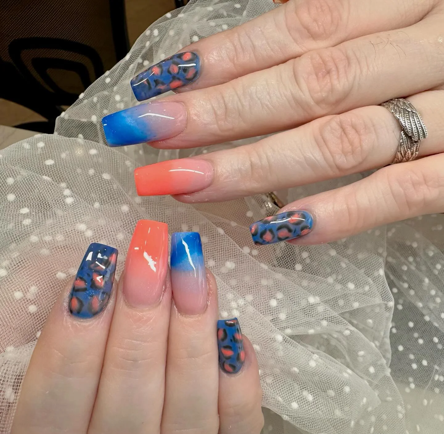 summer nails design 2026 Electric Blue And Coral Sunset Nails
