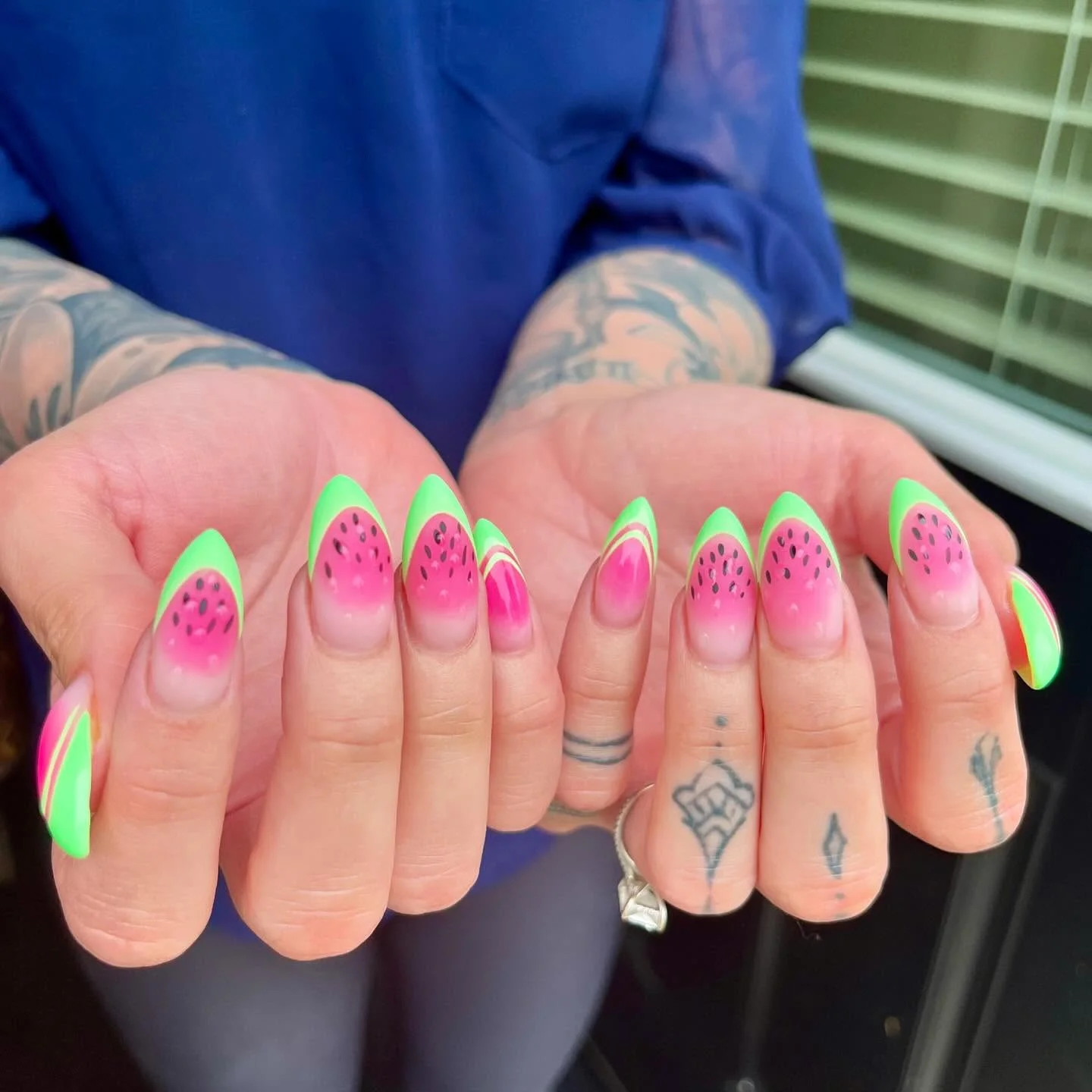summer nails watermelon 2026 Neon Watermelon French Tips With A Glossy Almond Shape