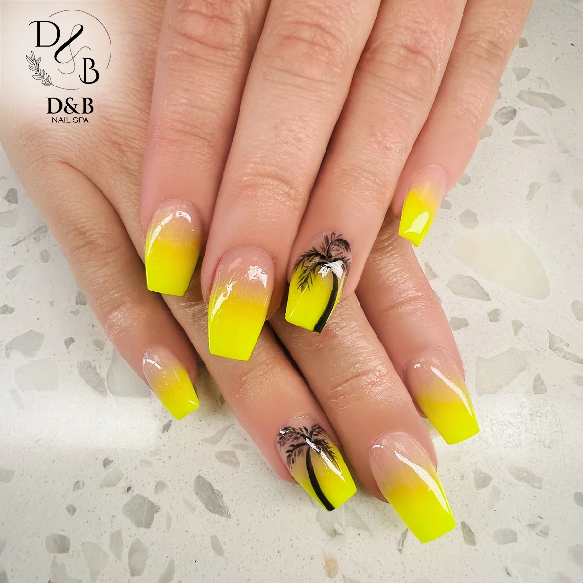 summer vacation nails 2026 Neon Lemon Palm Tree Coffin Nails